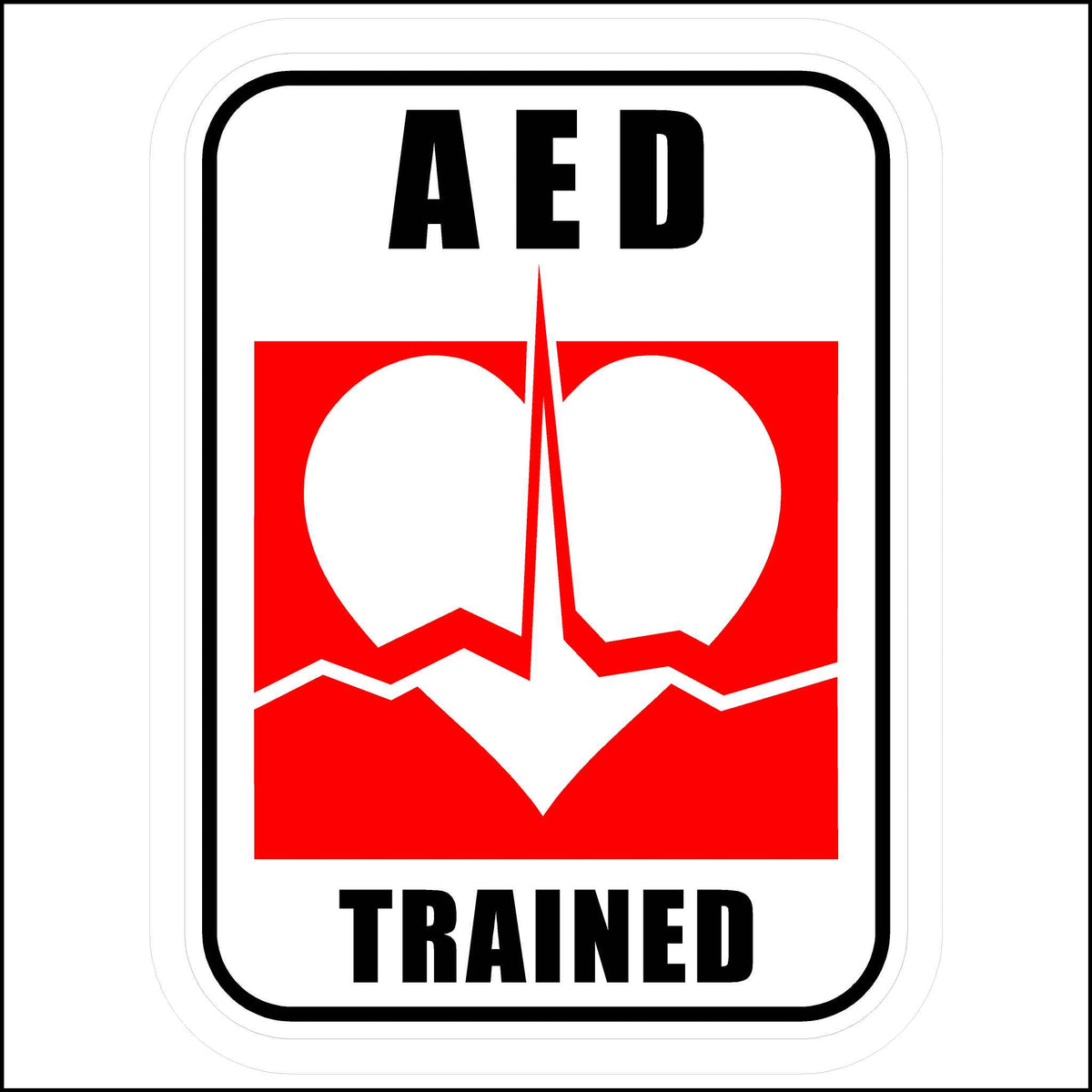 AED Trained Sticker printed in red, white and black.