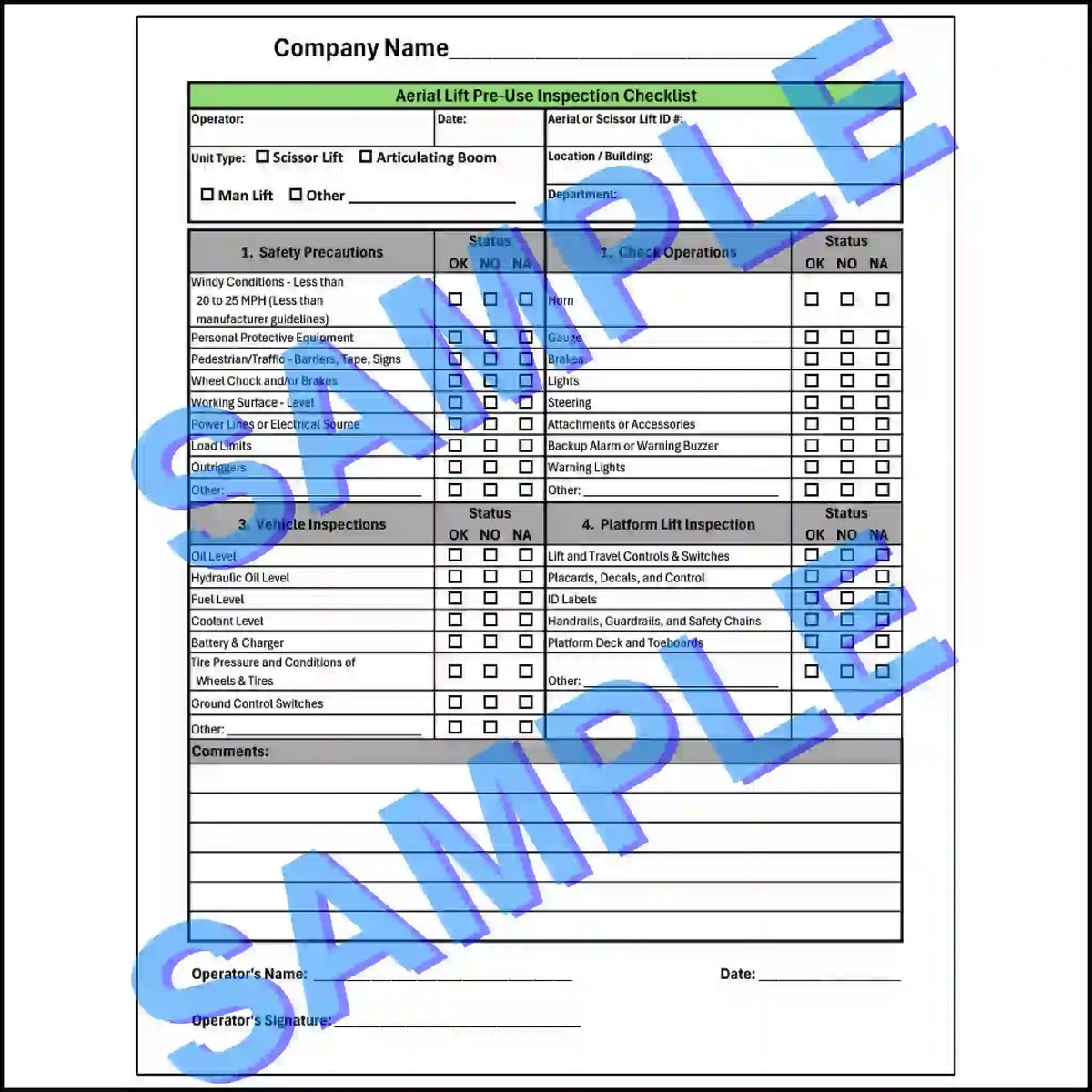 Aerial lift pre-use inspection checklist with 'SAMPLE' text overlay