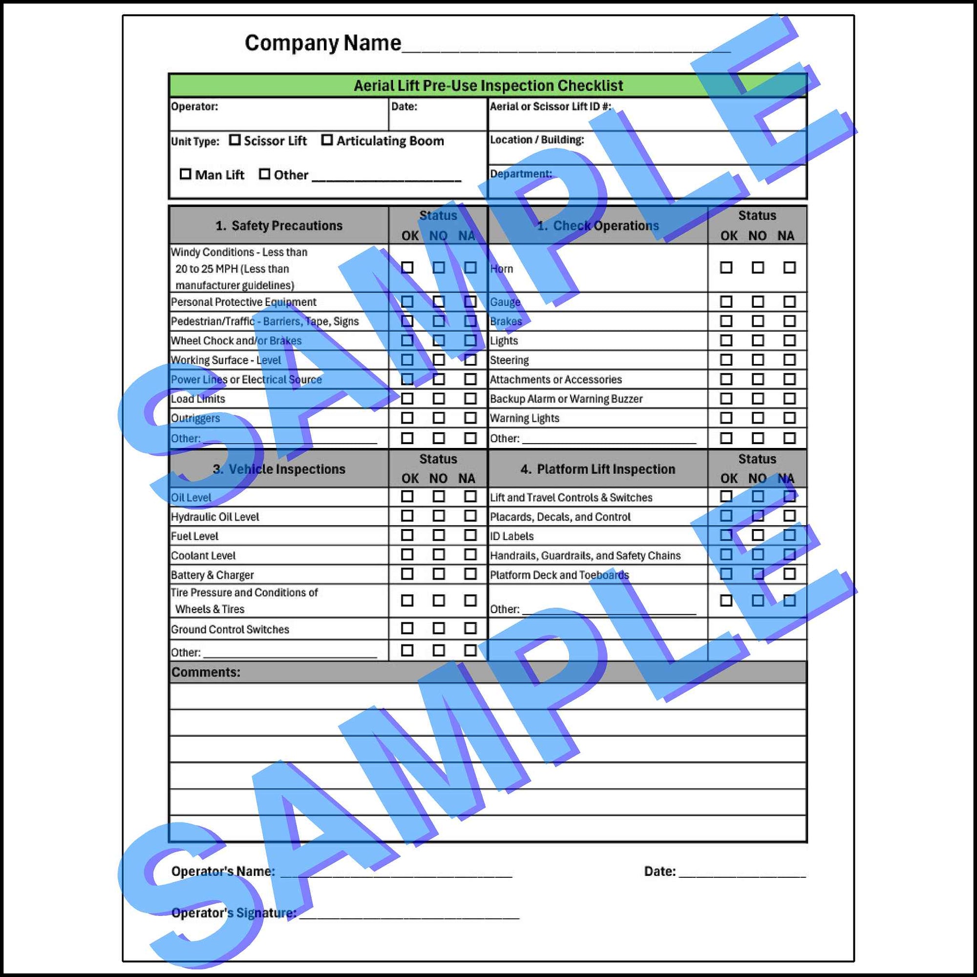 A checklist for inspecting various components of an aerial lift before operation, including the controls, platform, and emergency equipment.