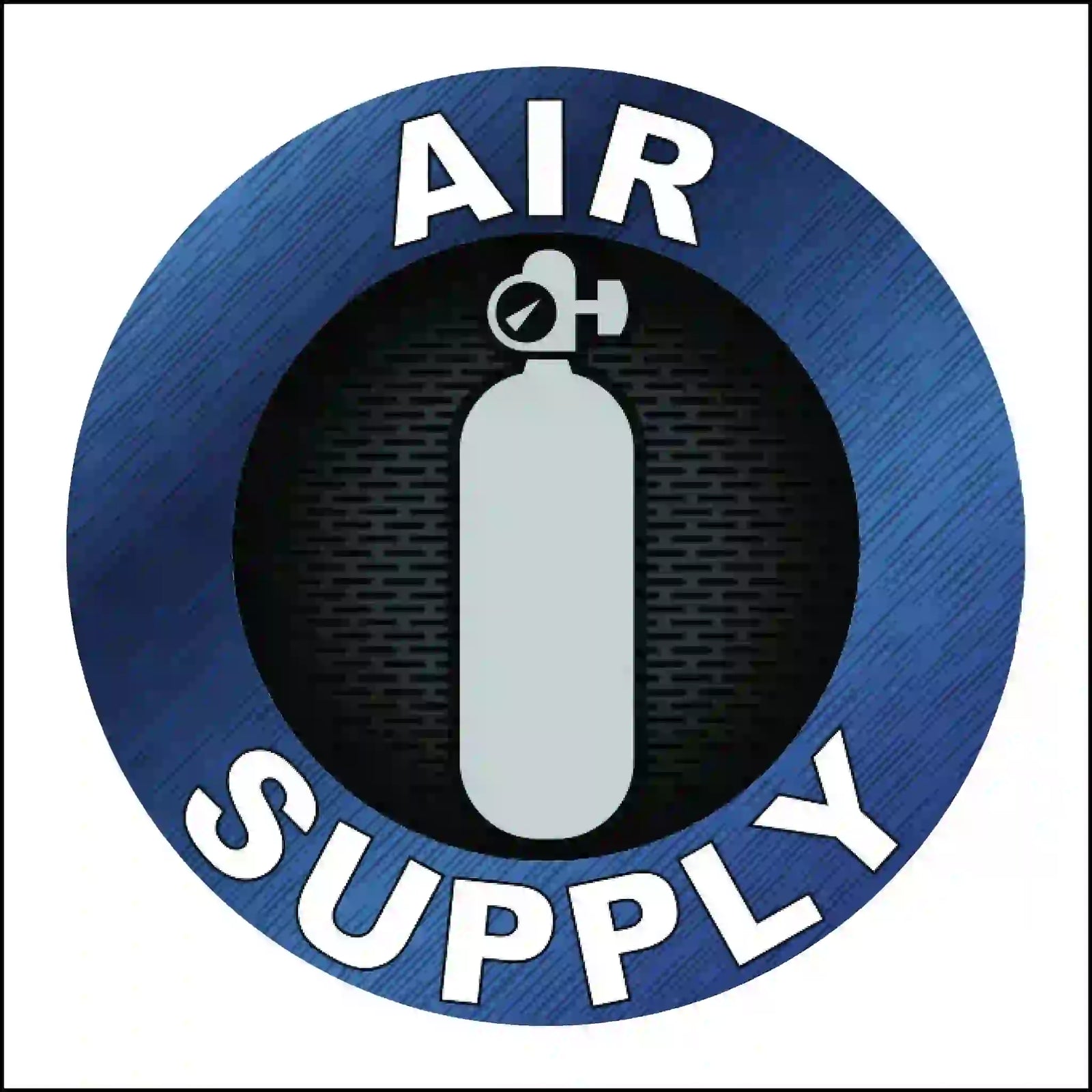 A round, blue and black sticker with a grey air tank graphic and white text that reads "AIR SUPPLY".