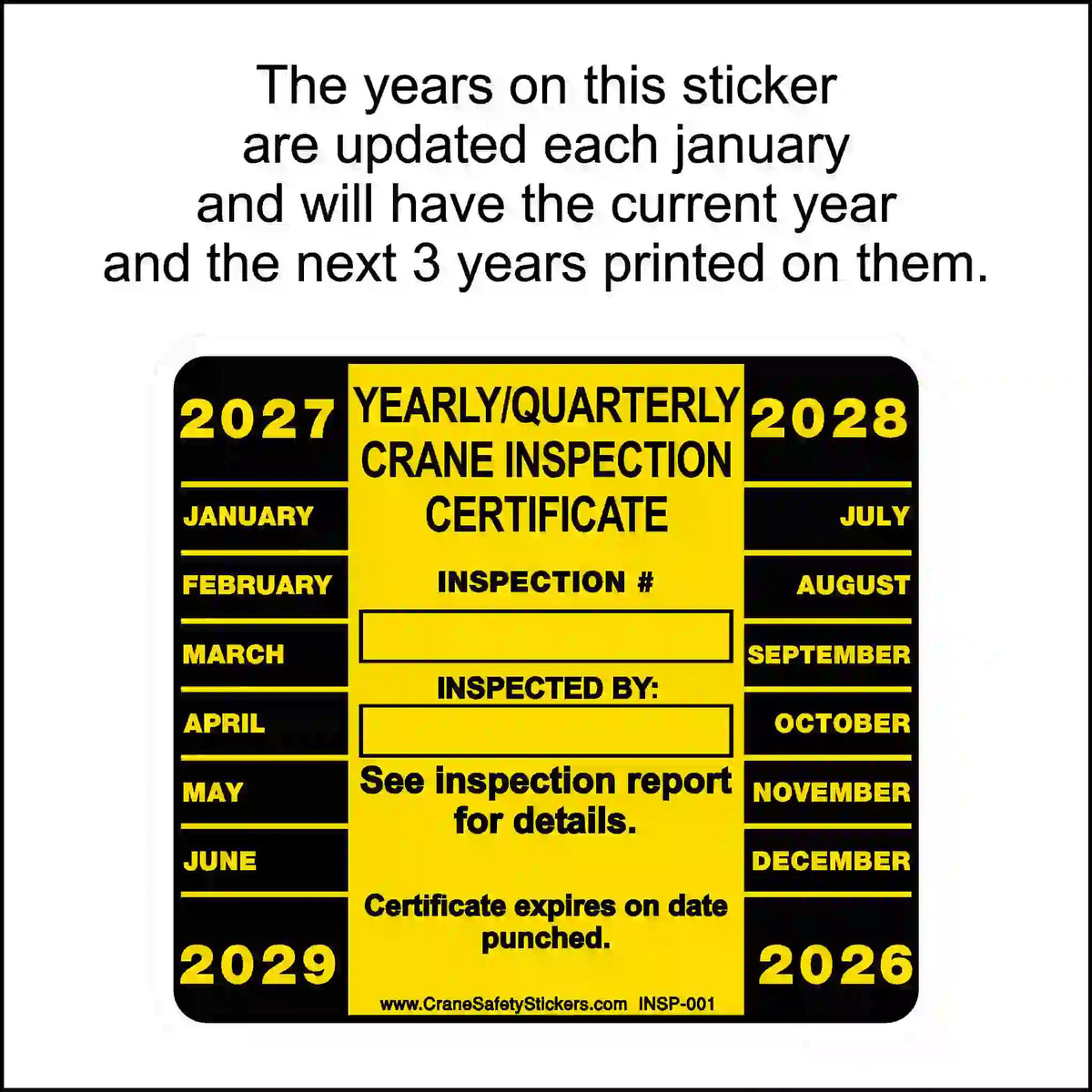 Yearly/quarterly crane inspection certificate sticker with years printed in each corner.
