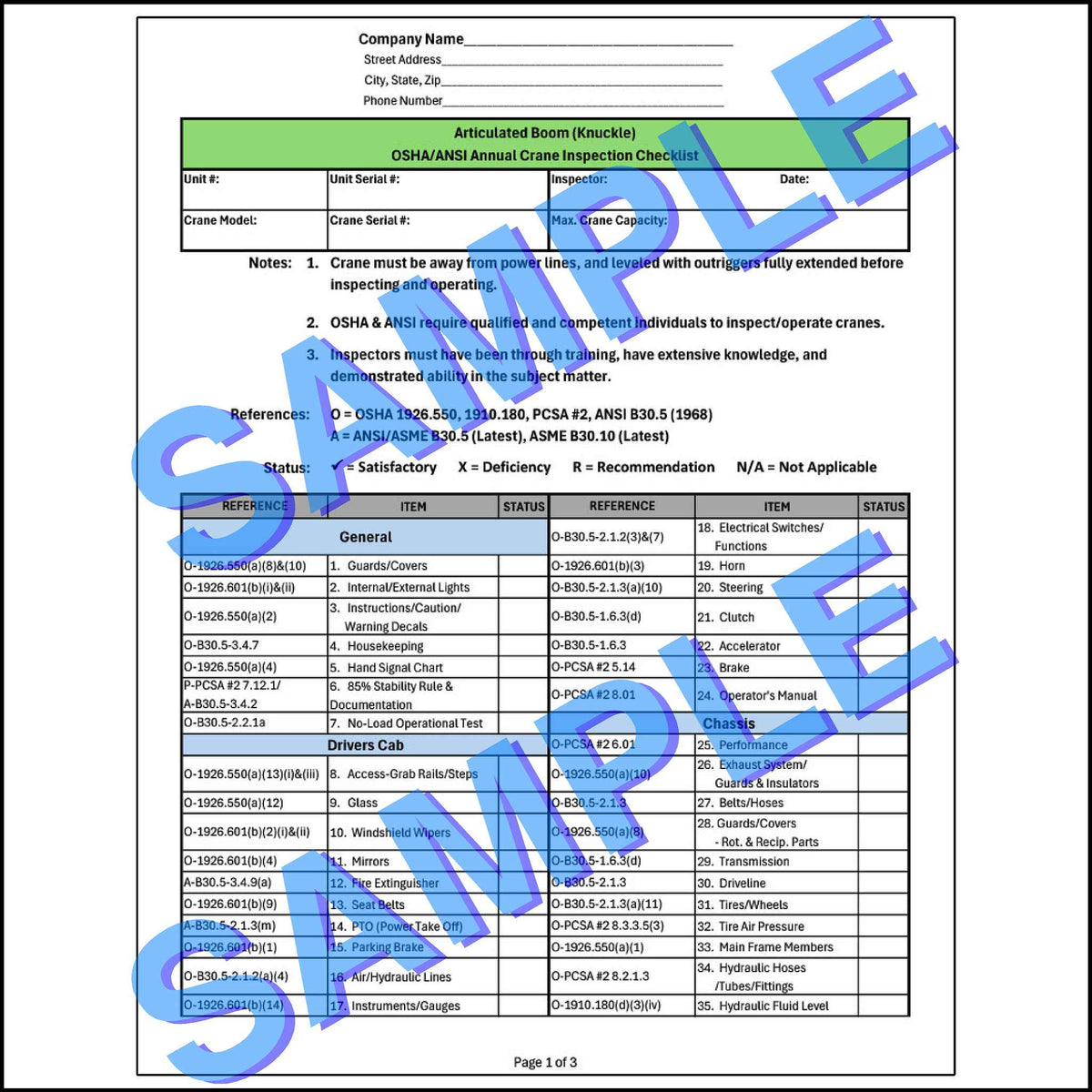 A detailed checklist for inspecting various components of an articulating or knuckle boom crane, including the boom, superstructure, and carrier.