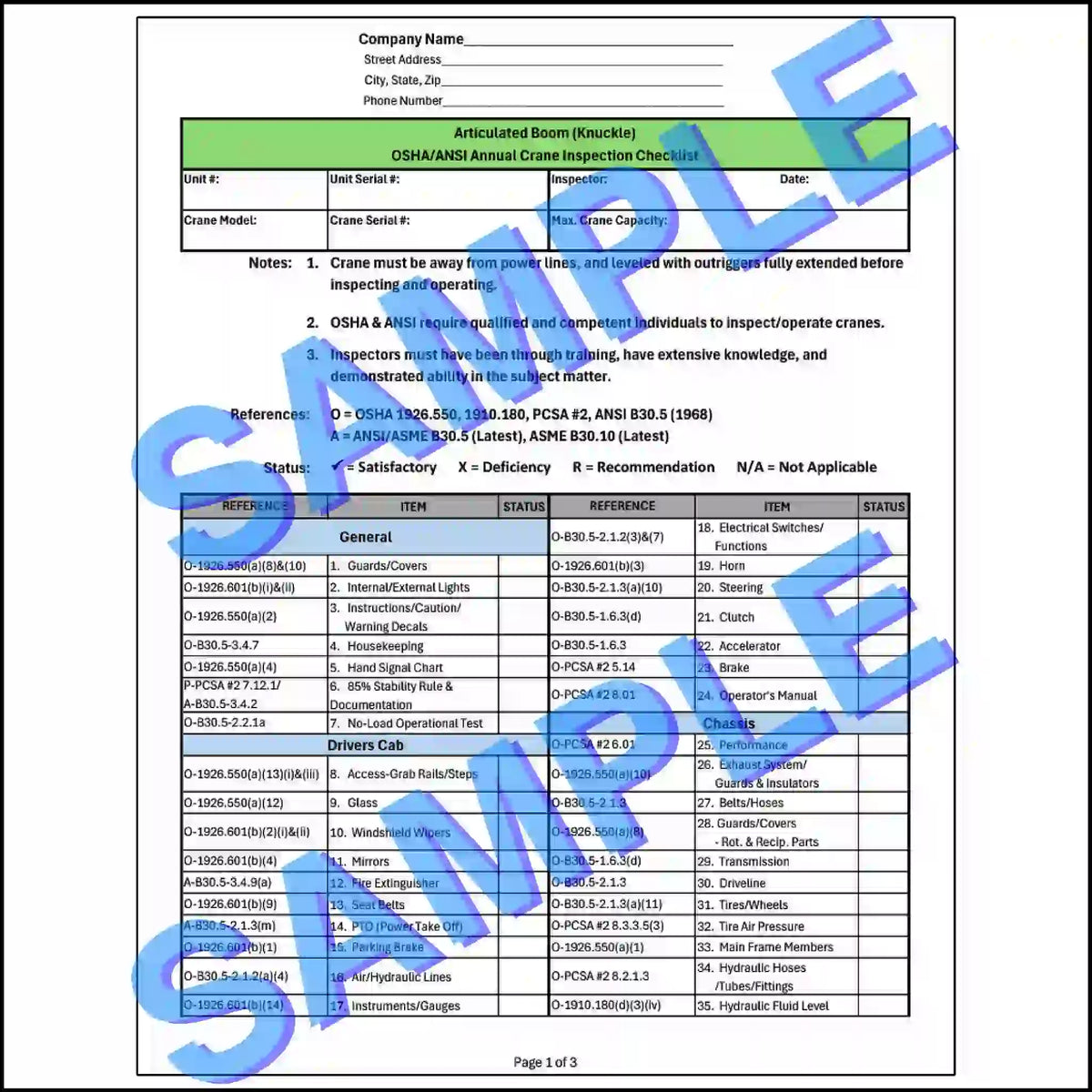 OSHA/ANSI annual crane inspection checklist with blue sample text overlay