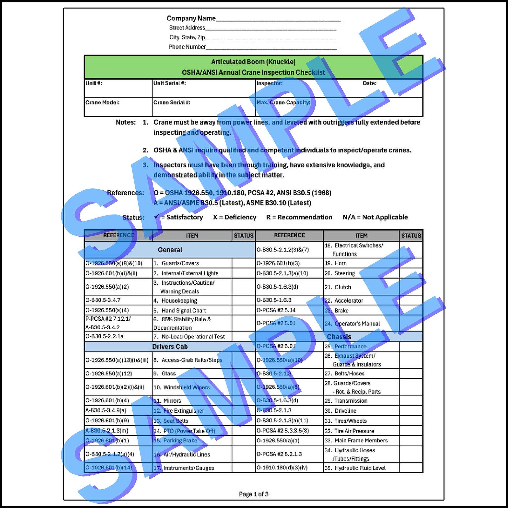 A detailed checklist for inspecting various components of an articulating or knuckle boom crane, including the boom, superstructure, and carrier.