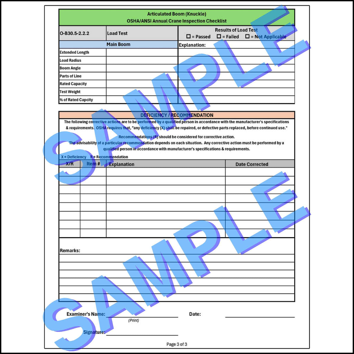 Third page of a detailed checklist for inspecting various components of an articulating or knuckle boom crane, including the safety equipment, operator&#39;s cab, and documentation.