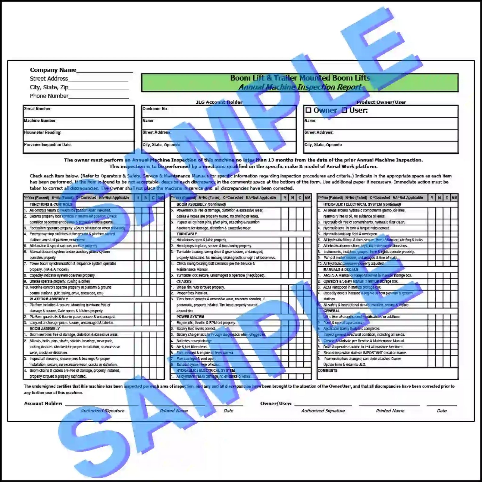 Annual boom lift and trailer-mounted boom lift inspection report with equipment details, component checklist and signature fields, shown with SAMPLE watermark.