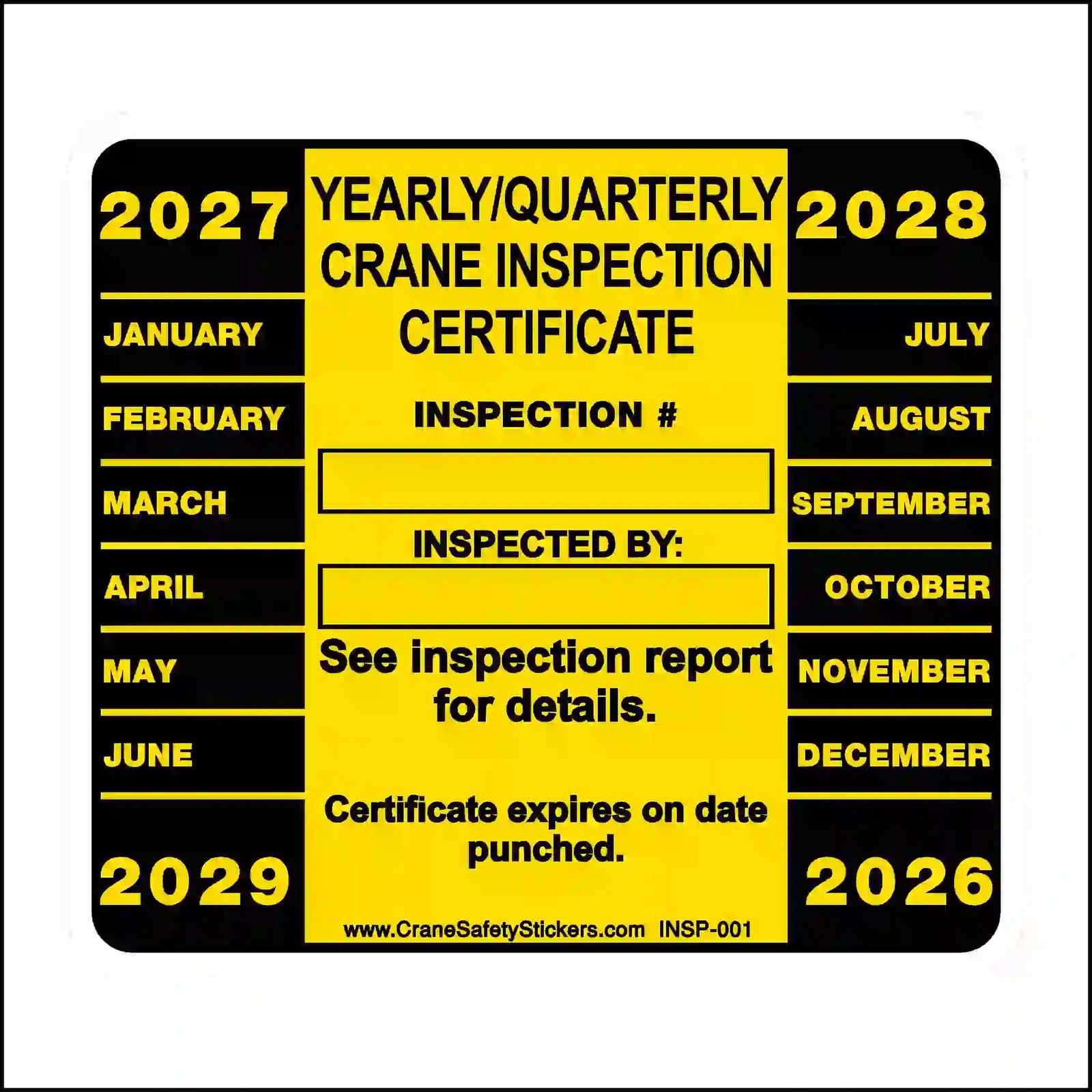 Yearly/quarterly crane inspection certificate with a yellow and black design on a white background.