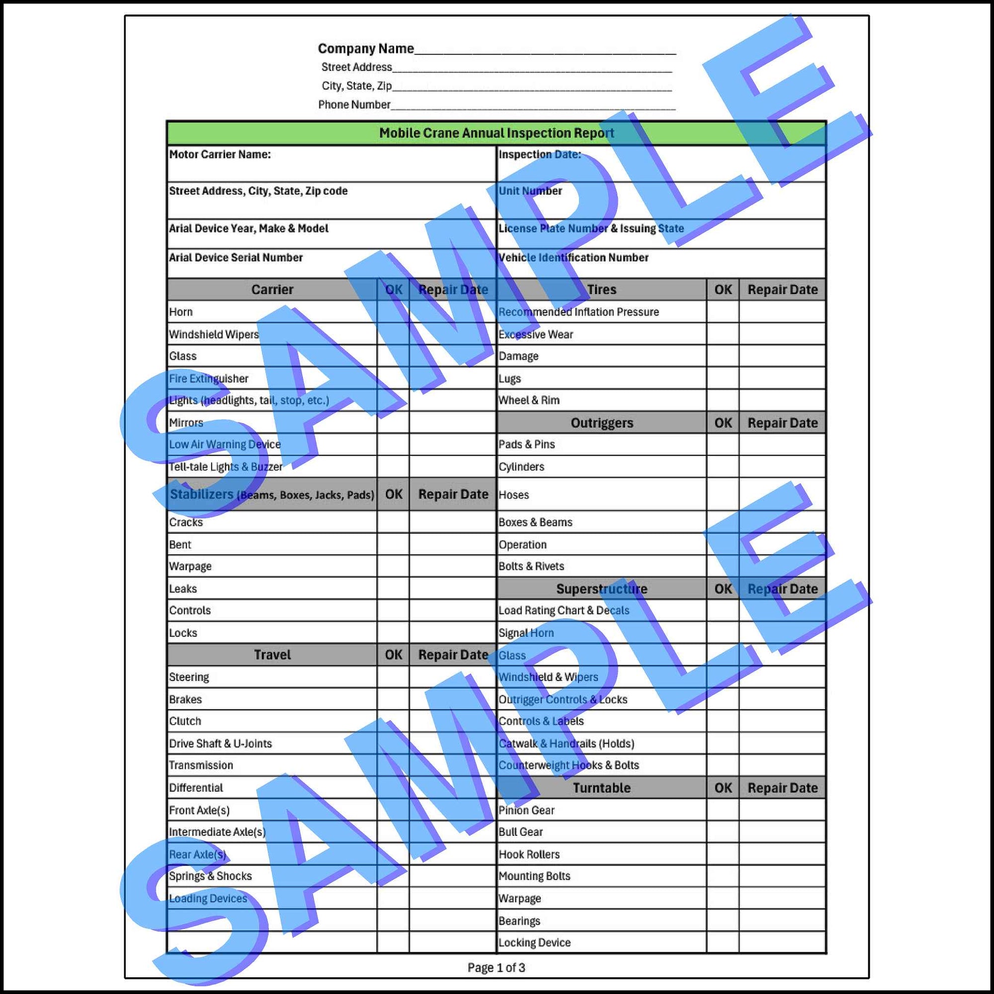 First page of a detailed checklist for inspecting various components of a mobile crane, including the carrier, superstructure, and boom.