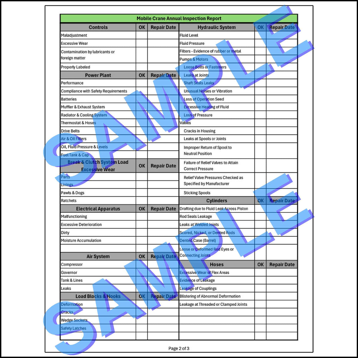 Second page of a detailed checklist for inspecting various components of a mobile crane, including the hydraulic system, electrical system, and safety equipment.