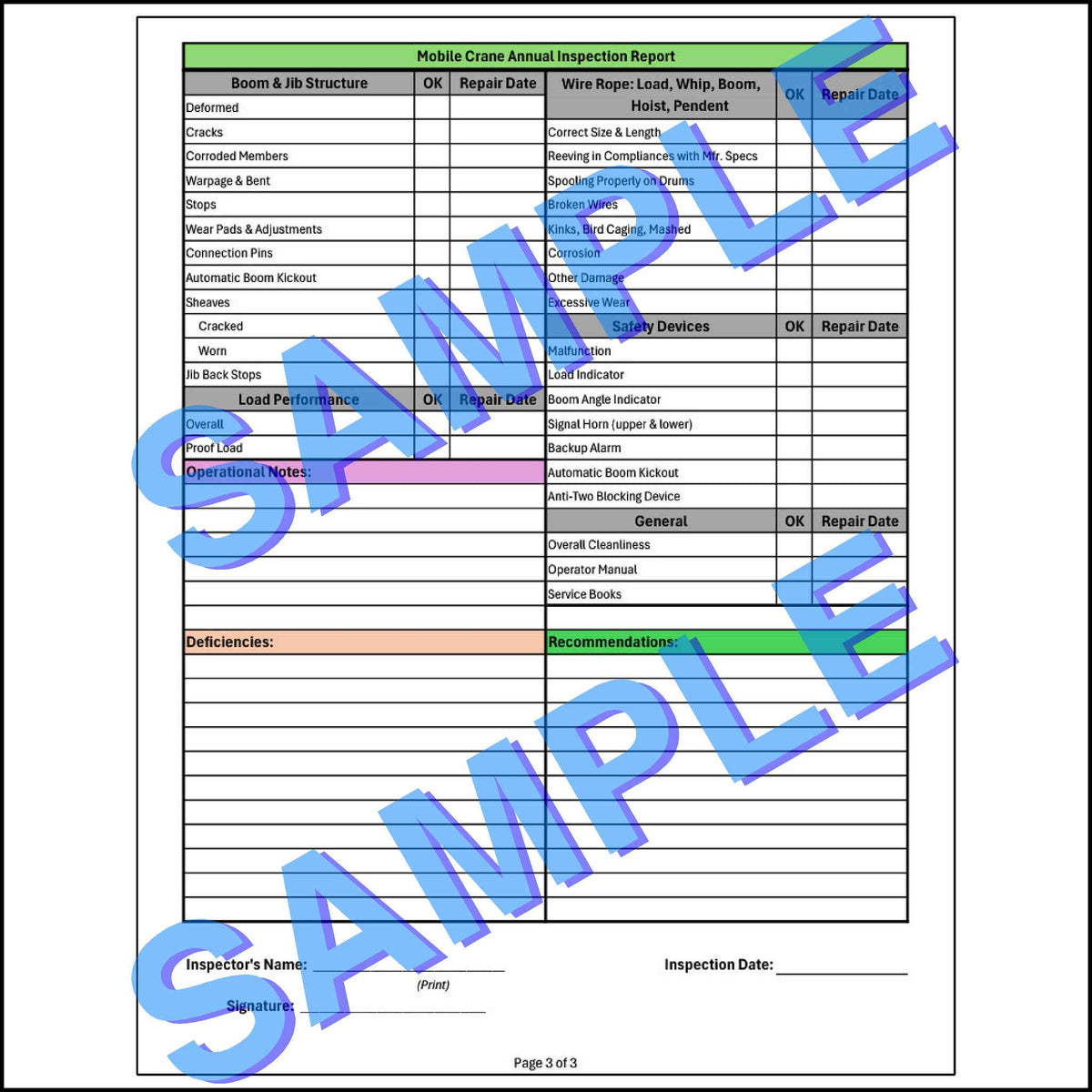 Third page of a detailed checklist for inspecting various components of a mobile crane, including the operator&#39;s cab, documentation, and inspector&#39;s sign-off.