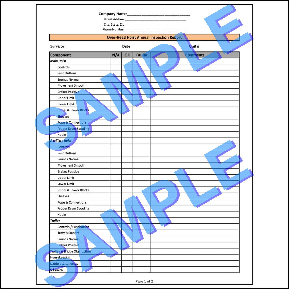 First page of a detailed checklist for inspecting various components of an overhead hoist, including the hoist, trolley, and support structure.