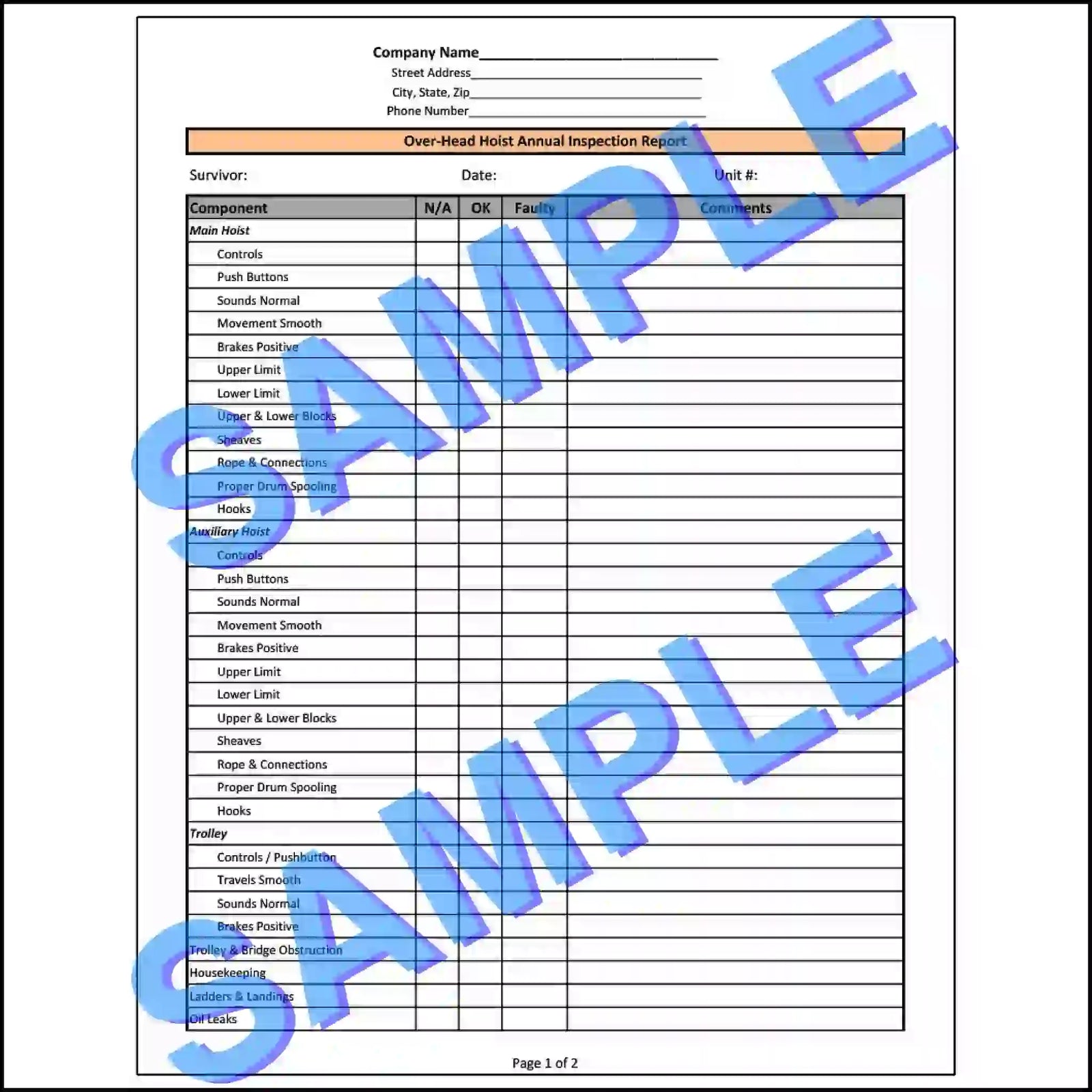 Page 1 of annual overhead hoist inspection report with main hoist, auxiliary hoist and trolley checklists, shown with SAMPLE watermark.