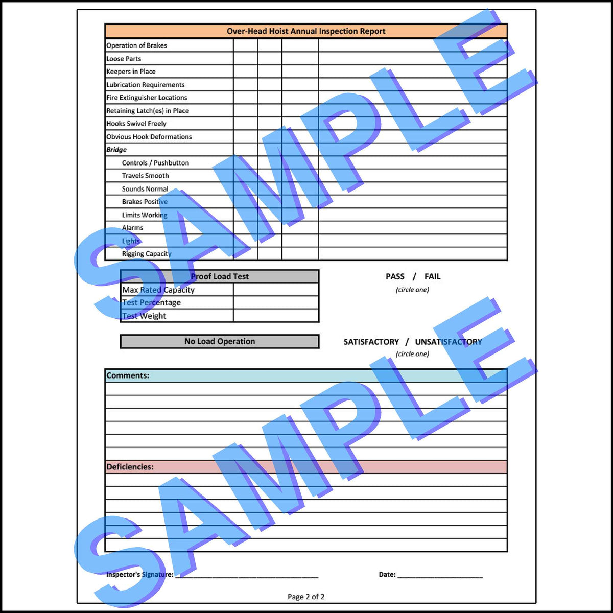 Second page of a detailed checklist for inspecting the bridge and hoist components of an overhead hoist.