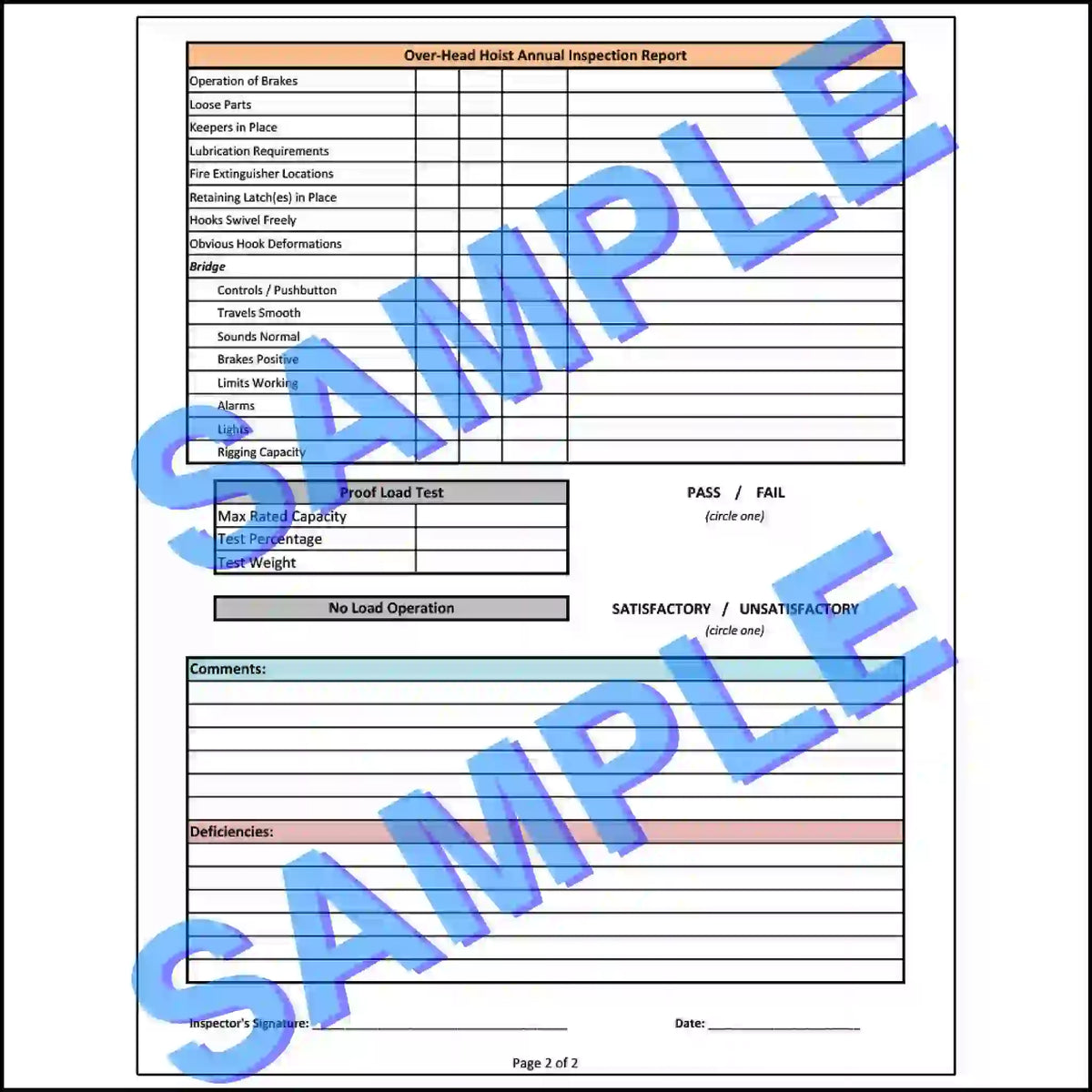 Page 2 of annual overhead hoist inspection report with bridge checklist, test-result fields, comments, deficiencies and inspector signature, shown with SAMPLE watermark.