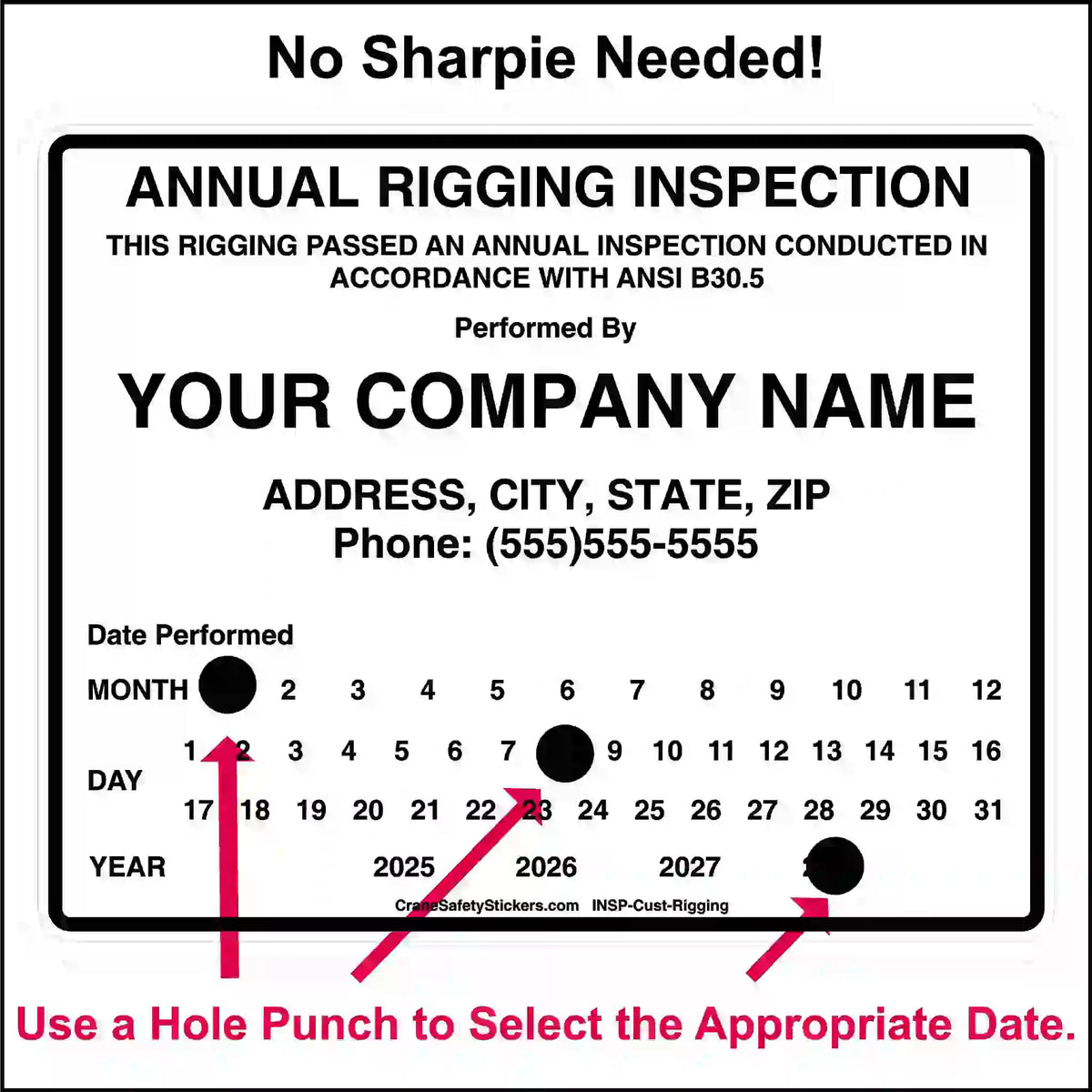 Annual rigging inspection sticker showing how to punch the month, day and year.
