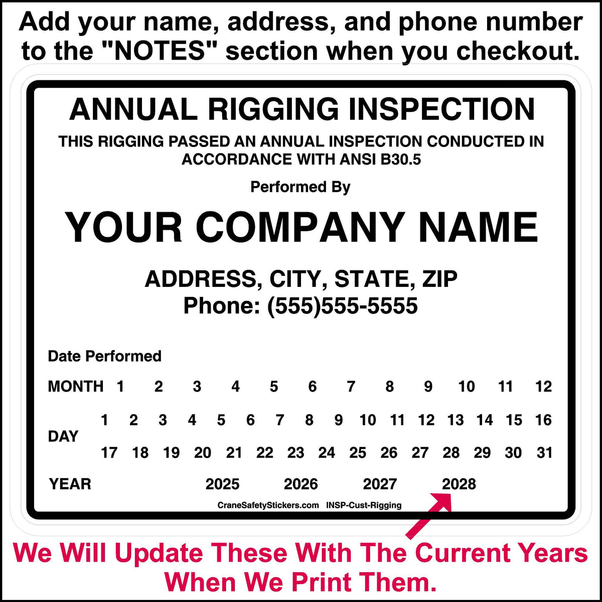 Custom Annual Rigging Inspection Sticker. We Will Print Your Company Name, Address and Phone Number on each one.