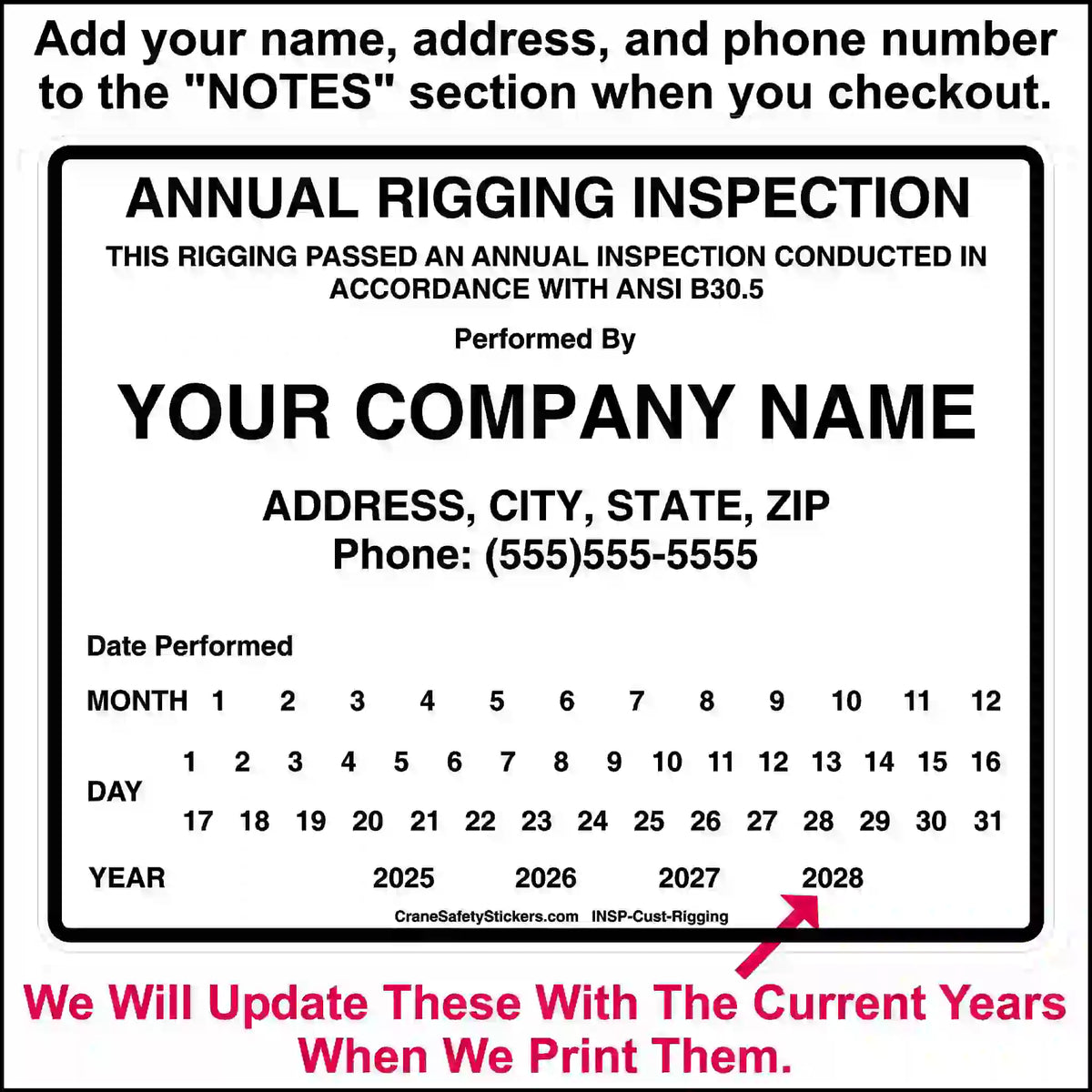 Custom annual rigging inspection sticker with company details, punch-date grid and ordering instructions.