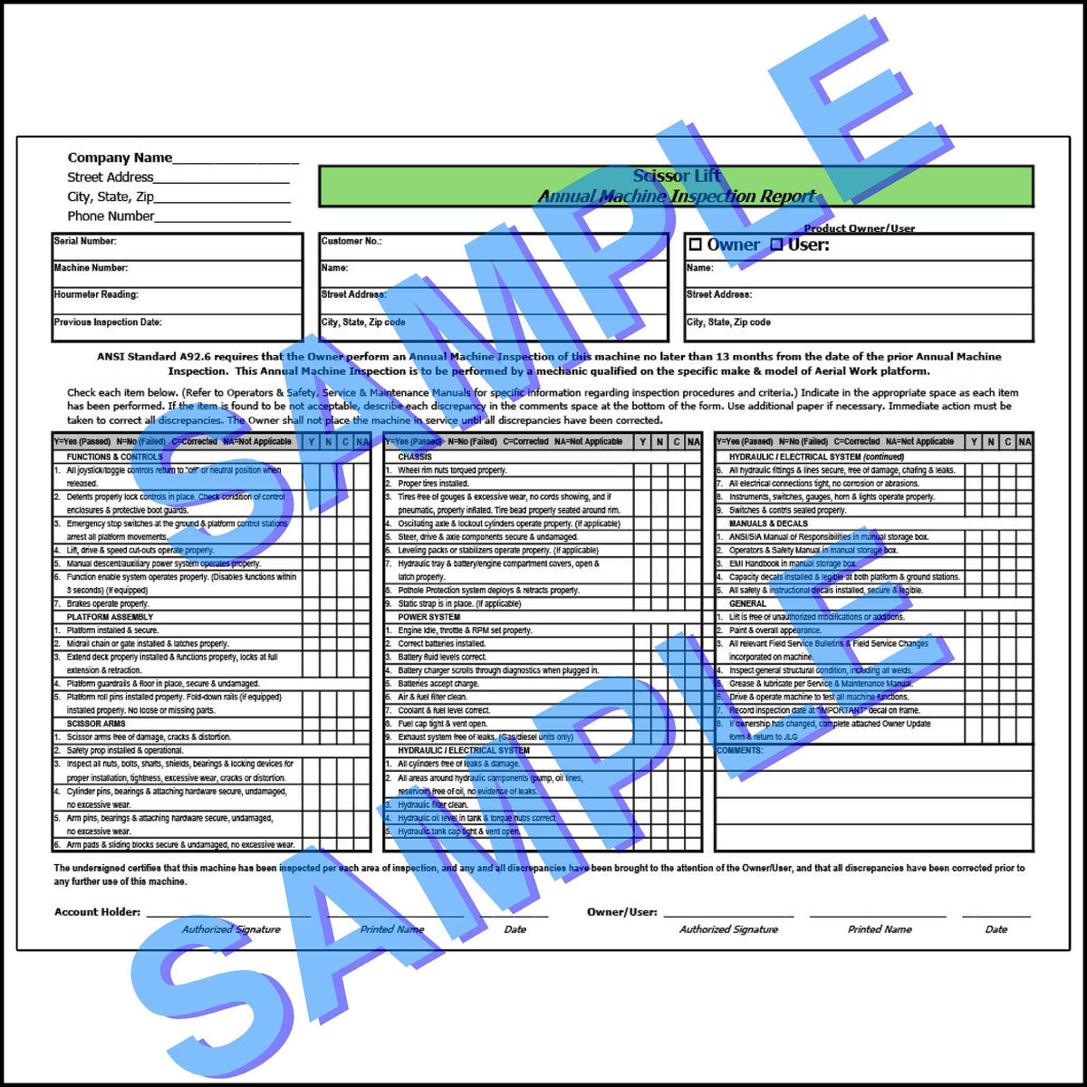 A detailed checklist for inspecting various components of a scissor lift, including the platform, controls, and safety devices.