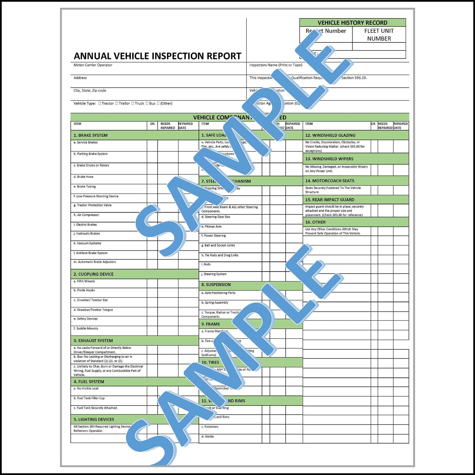 Annual 396.19 Vehicle Inspection Report Three Copy Form.