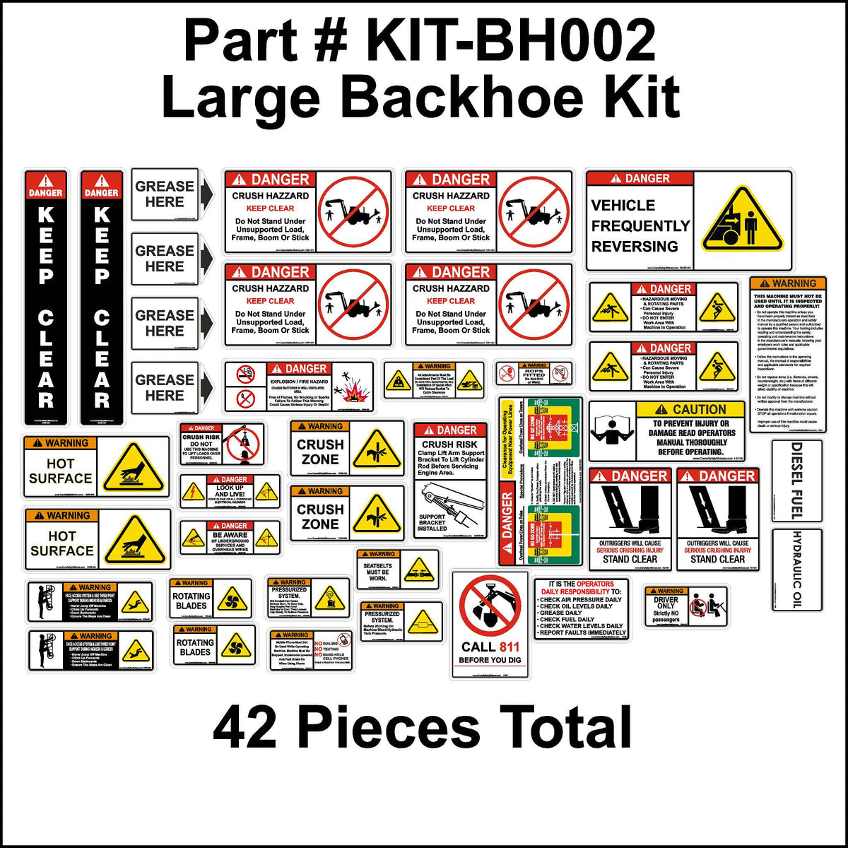 Backhoe Stickers, Backhoe Safety Stickers Kit. 42 Stickers for a Backhoe to Replace the Old Safety Warning Stickers.