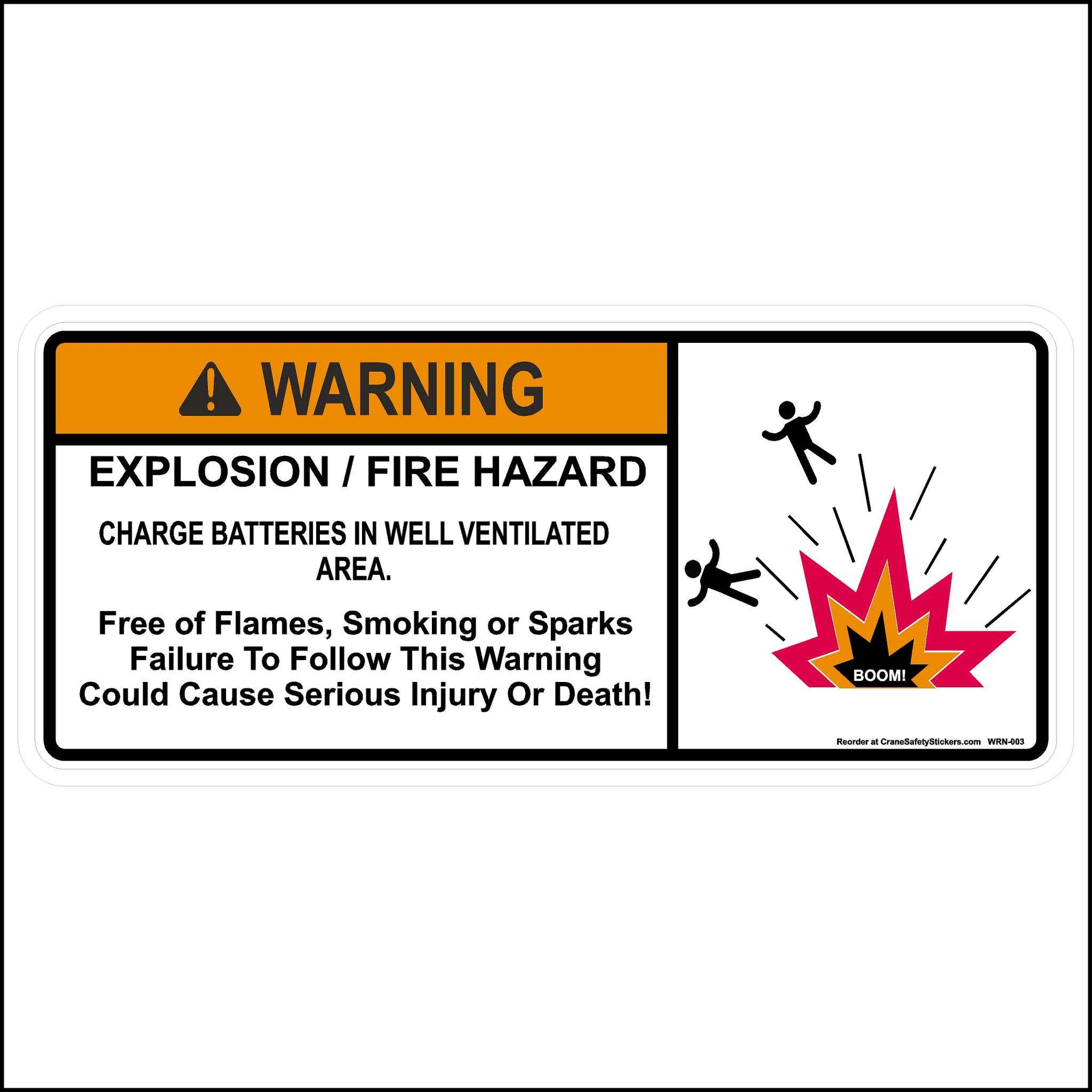This Battery Warning Label and Battery Fire Hazard Label for Equipment, Cranes, Backhoes, Fork Lifts, and Excavators Is Printed With The Following. WARNING Explosion, Fire Hazard Charge Battery in well Ventilated Area. Free of Flames, Smoking, Or Sparks. Failure To Follow this Warning Could Cause Serious Injury Or Death.