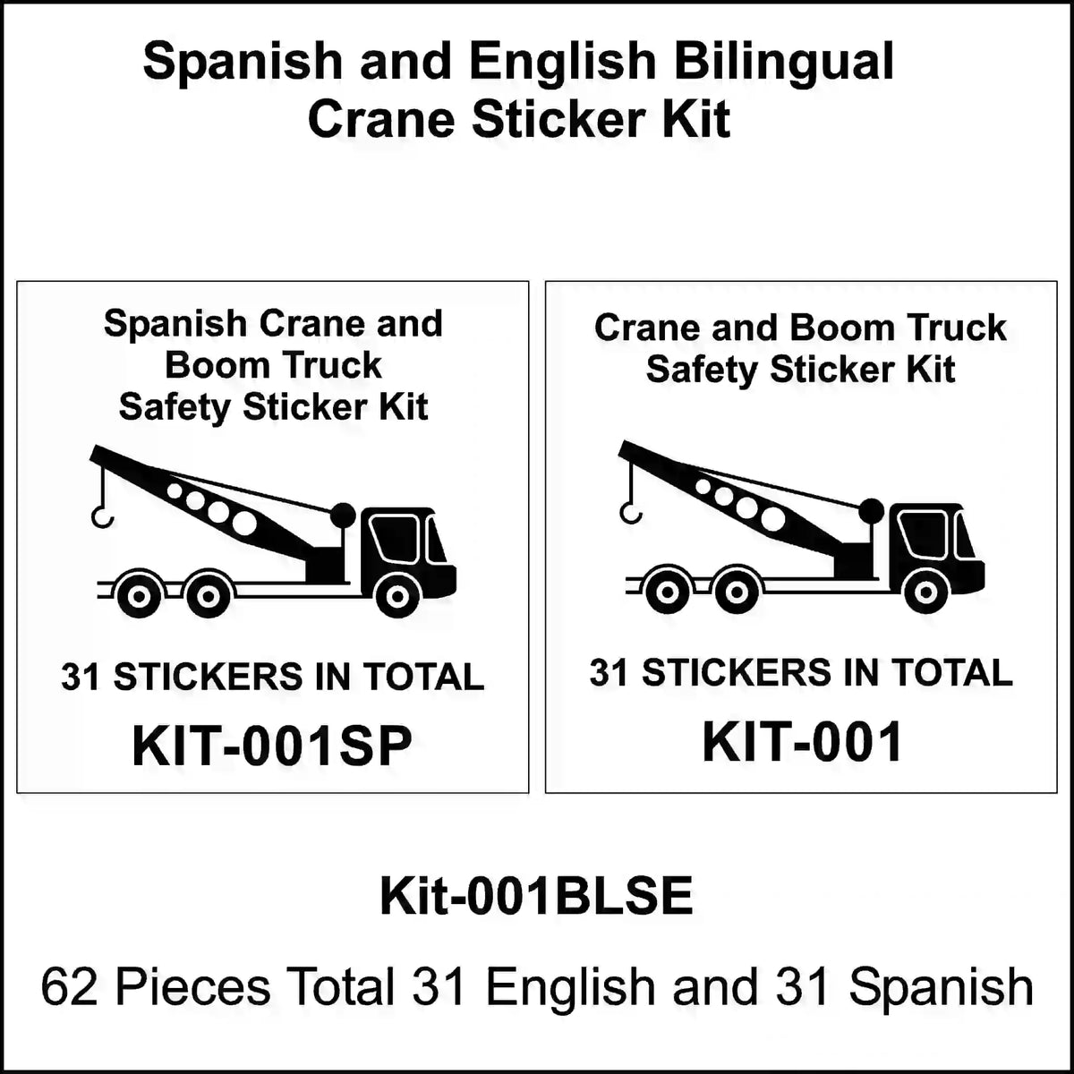 Advertisement for Spanish and English bilingual crane sticker kit with truck illustrations and text.