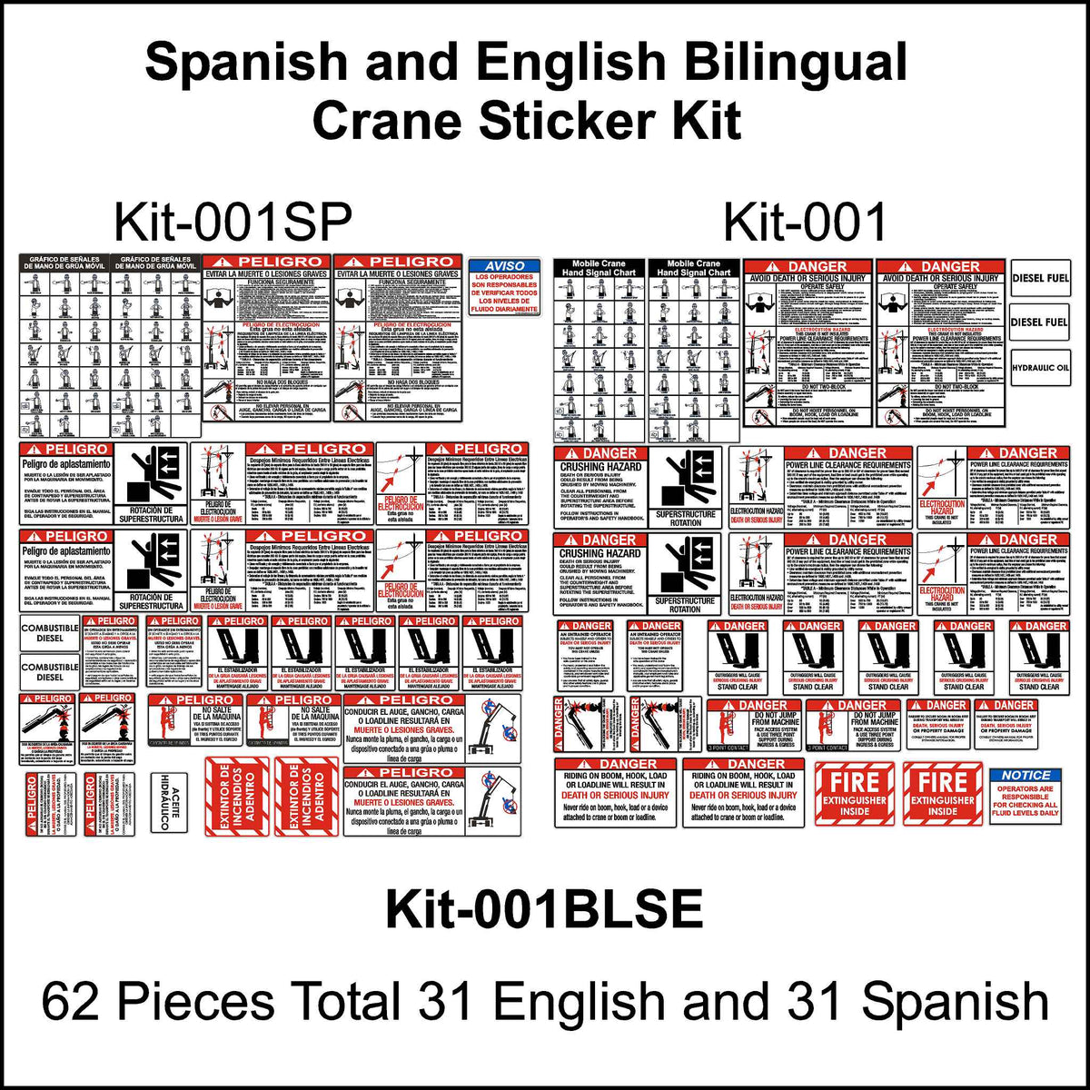 Spanish and English bilingual crane safety sticker kit. This kit provides all the stickers needed to pass osha inspection. Printed with the correct headers and bright lettering and pictorials of each warning needed. 