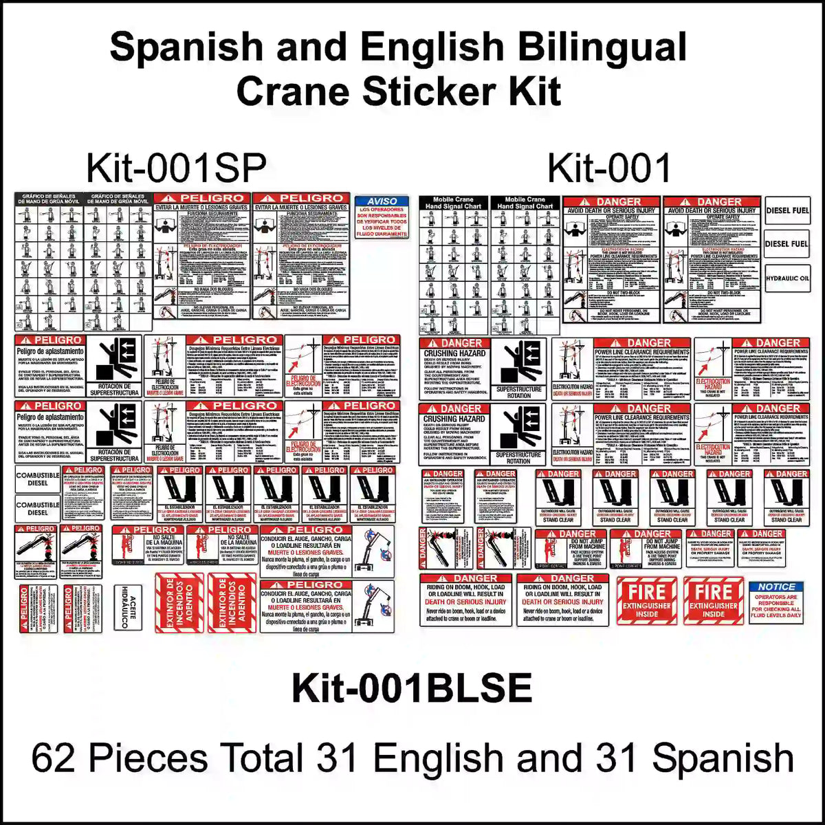Spanish and English bilingual crane sticker kit with 62 pieces on a white background
