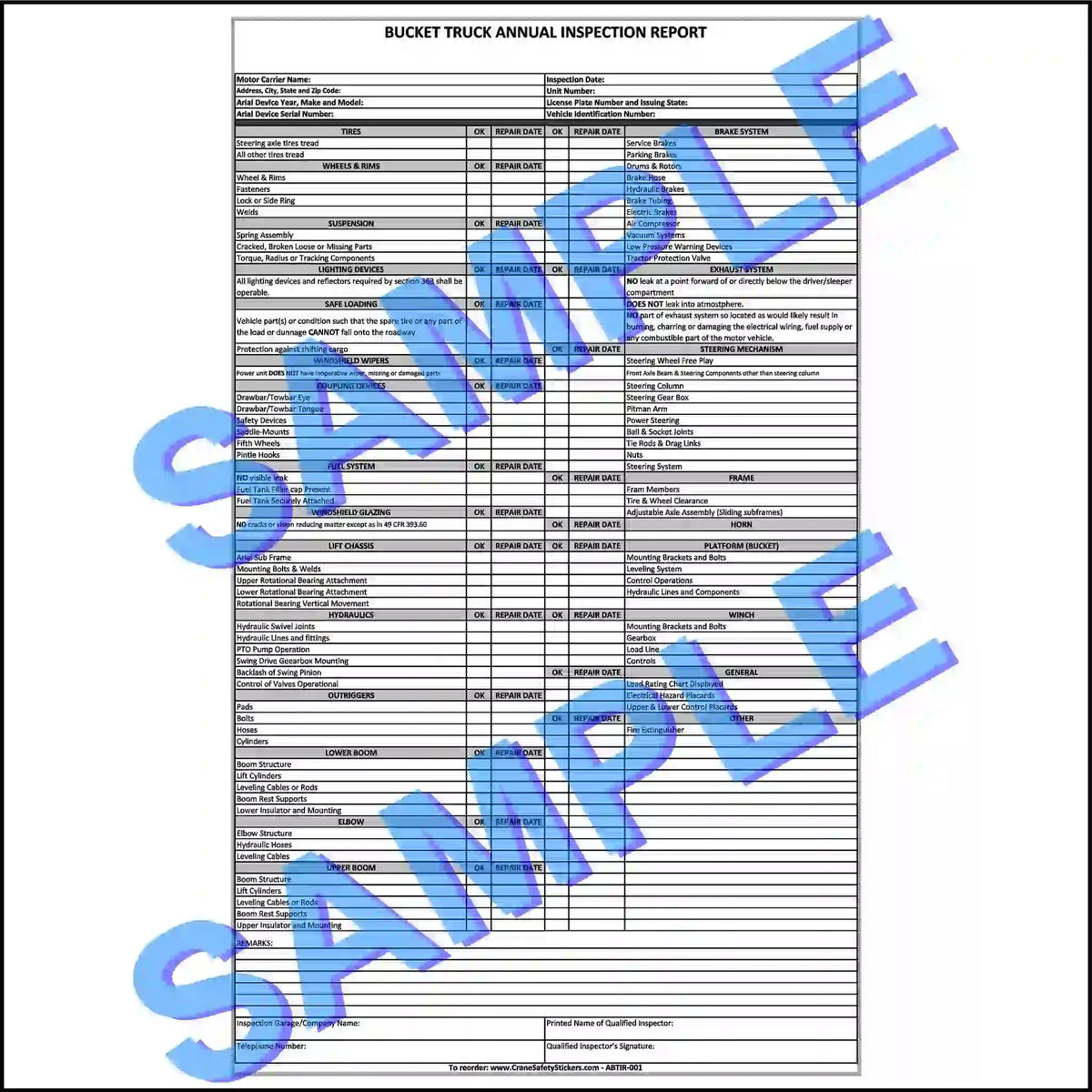 Bucket truck annual inspection report form with 'SAMPLE' text overlay