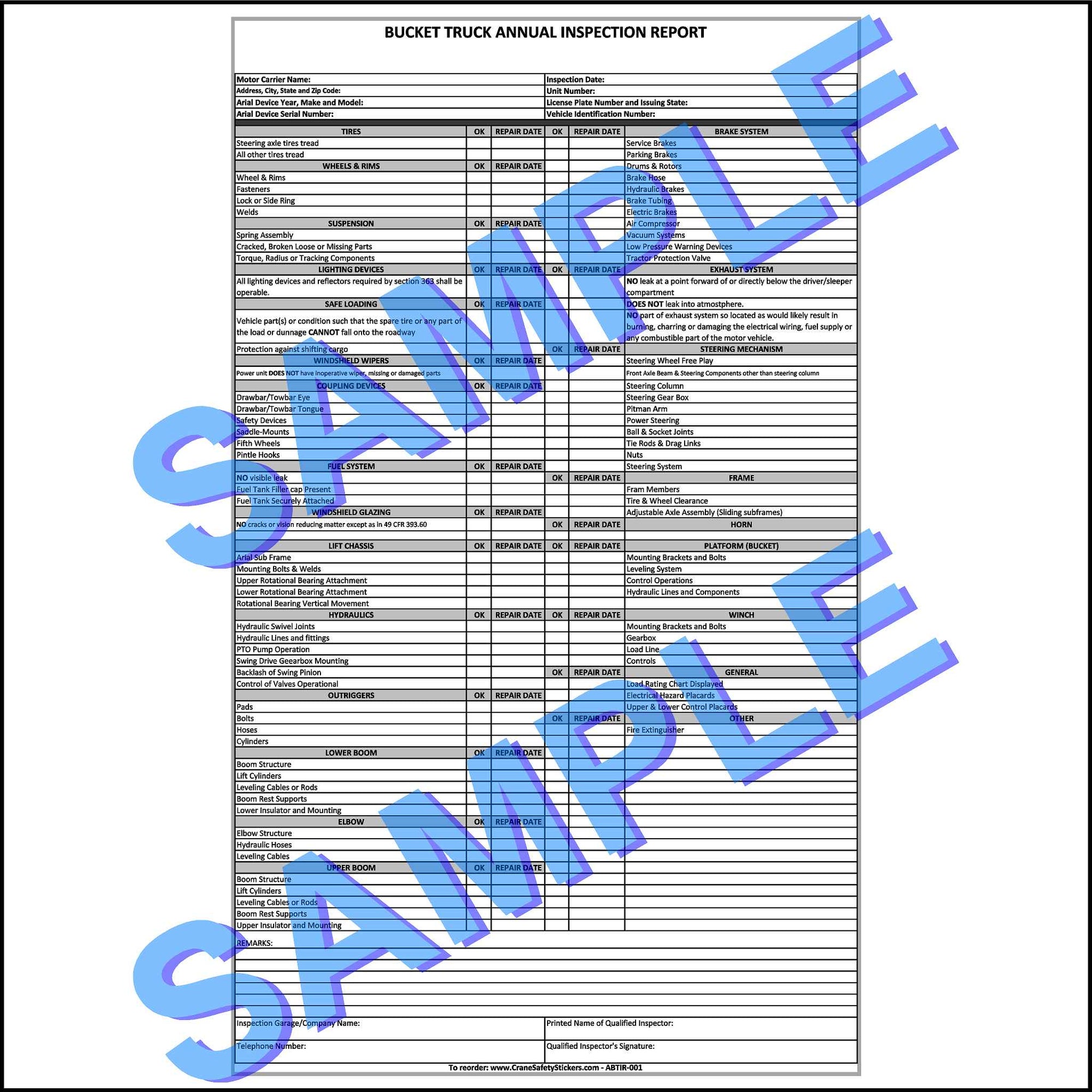 Bucket Truck Inspection Checklist for Annual Inspections. 3 Ply or 3 copy carbonless.