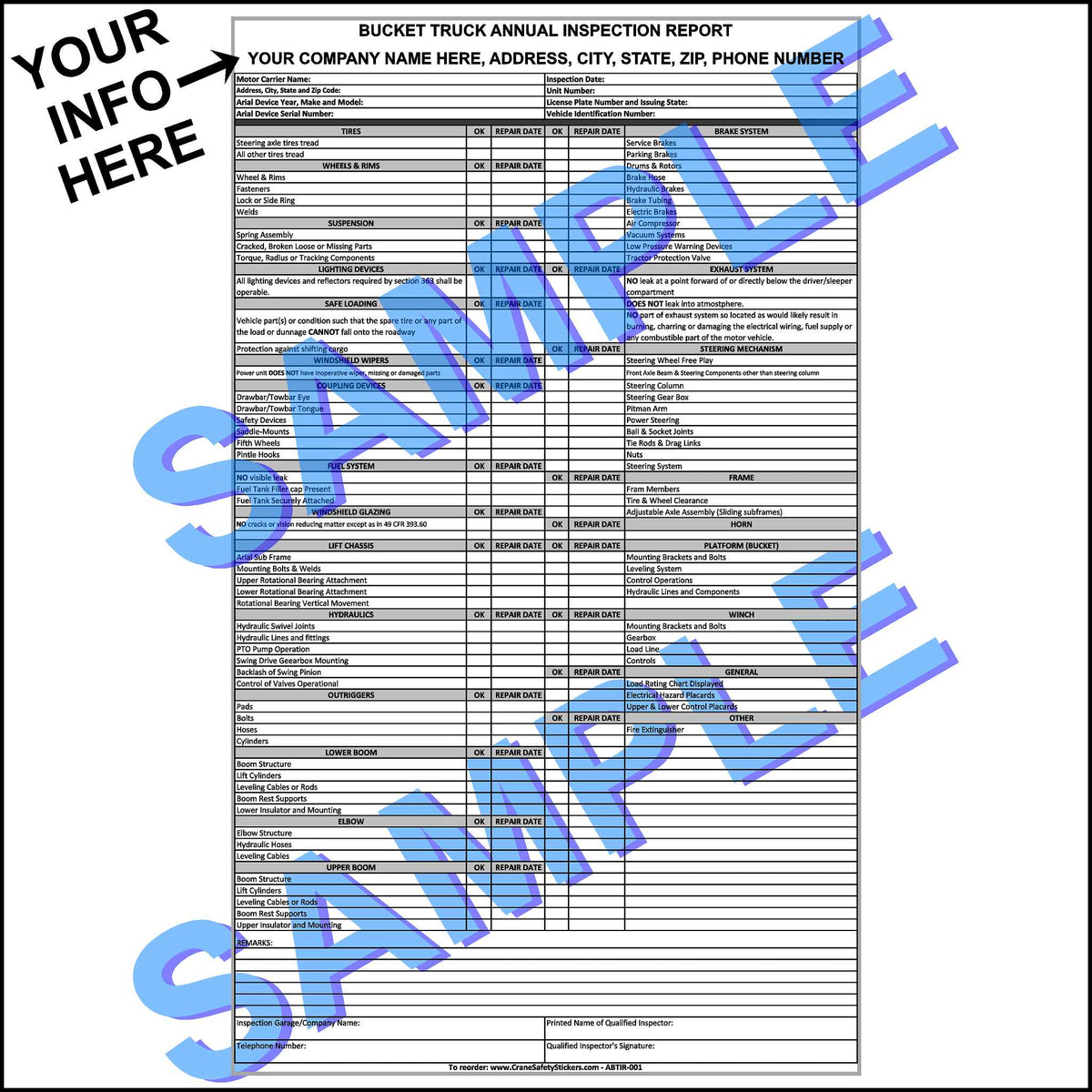 Bucket Truck Annual Inspection Checklist and Forms. This 3 ply carbonless form has all the necessary things to check to pass your annual inspection.  