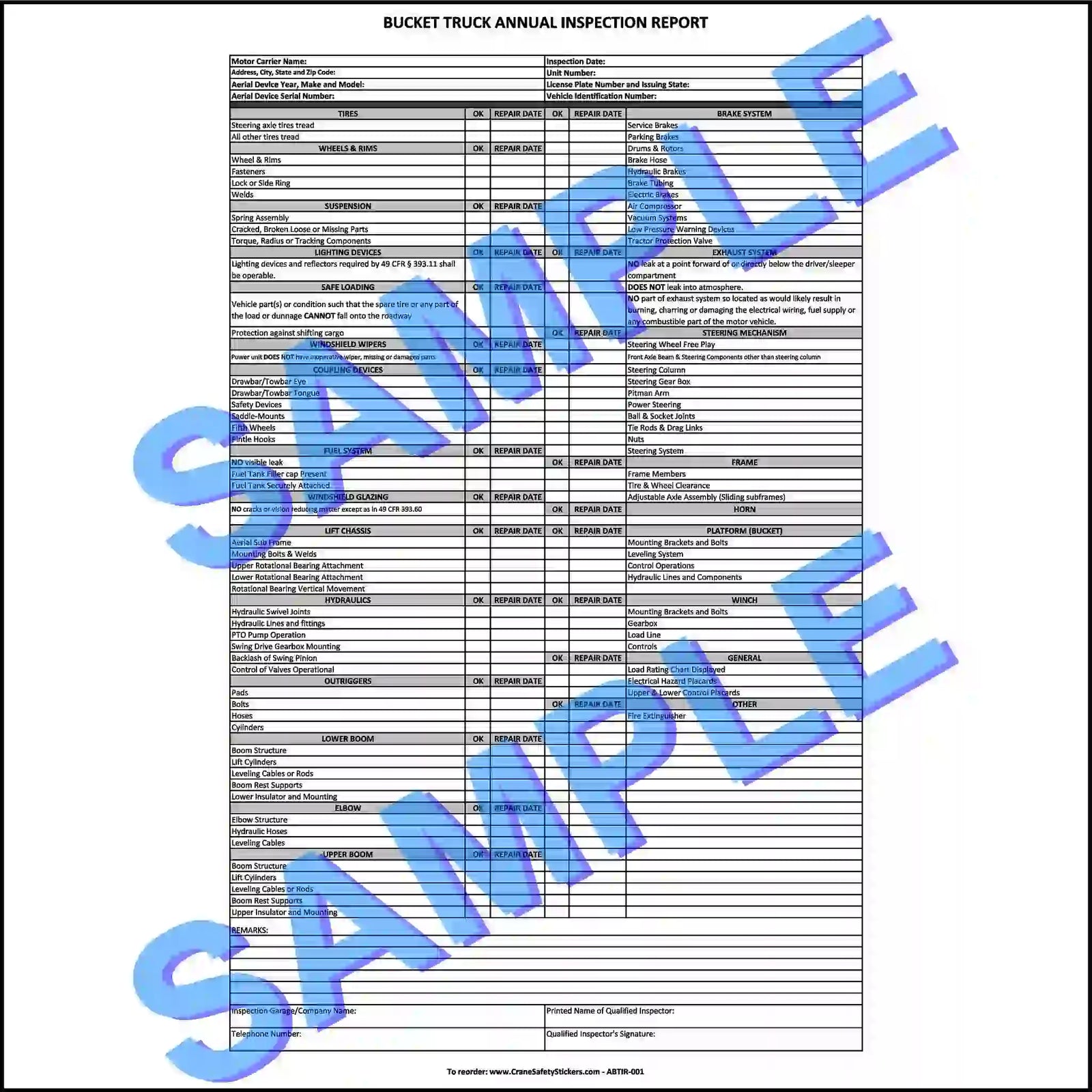 Sample annual bucket truck inspection report form showing vehicle and aerial-device check sections