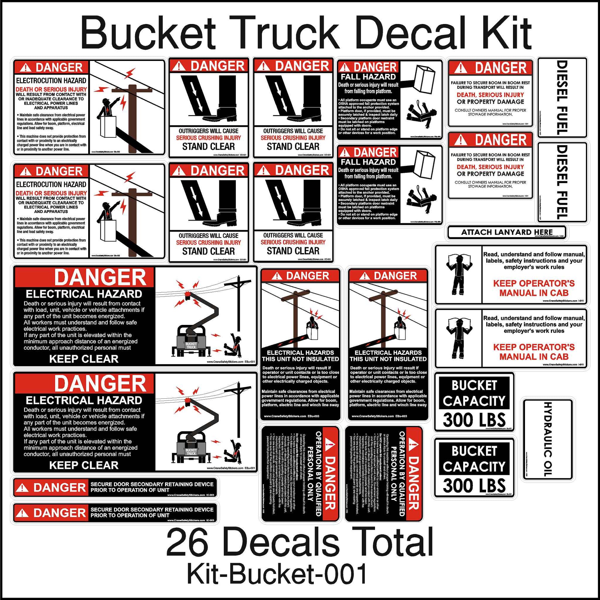 This Bucket Truck Decal Kit has 26 different Stickers. Each sticker is printed with the corresponding danger header. All Stickers are printed in bright colors to warn for specific dangers and have pictorials of the dangers of using a bucket truck. 