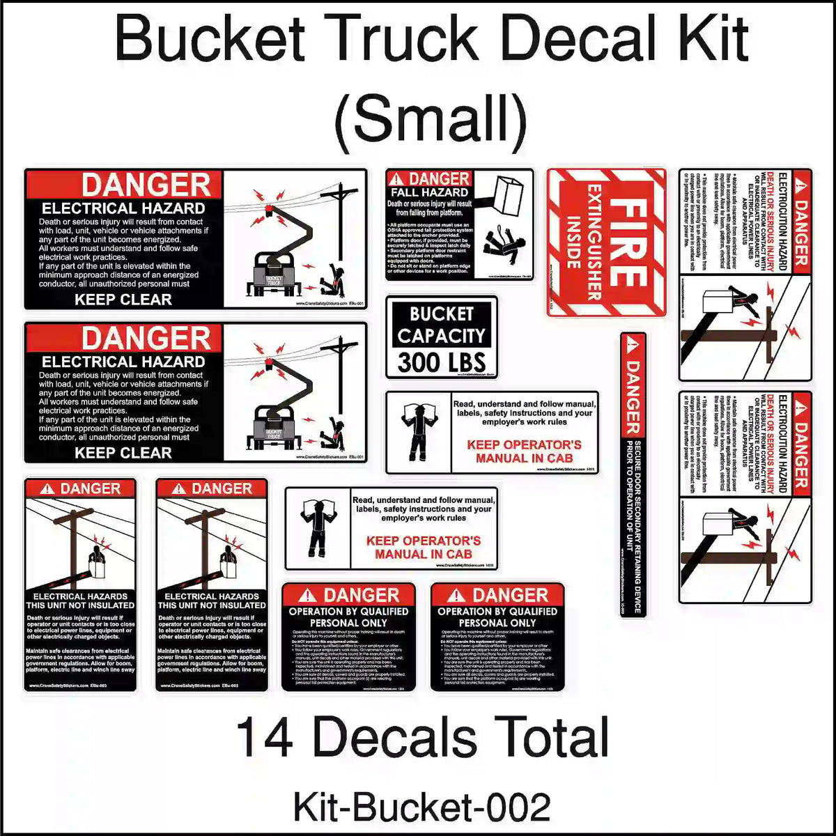 Bucket Truck Decal Kit with various safety labels on a white background
