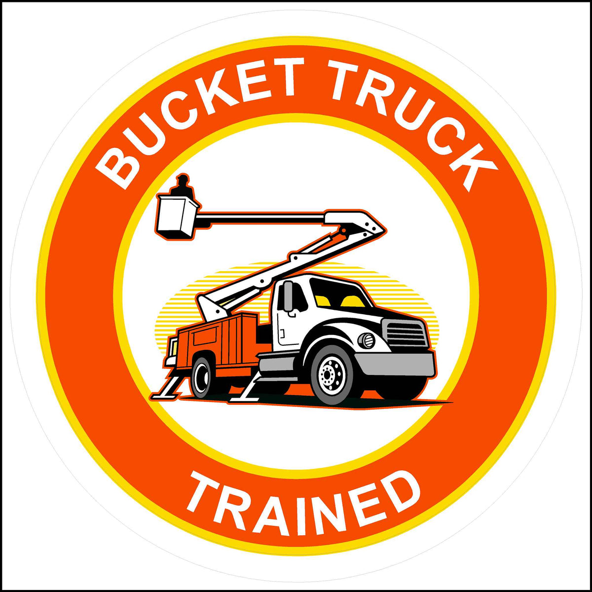 Bucket truck trained sticker printed in yellow and orange with a picture of a bucket truck in the middle.