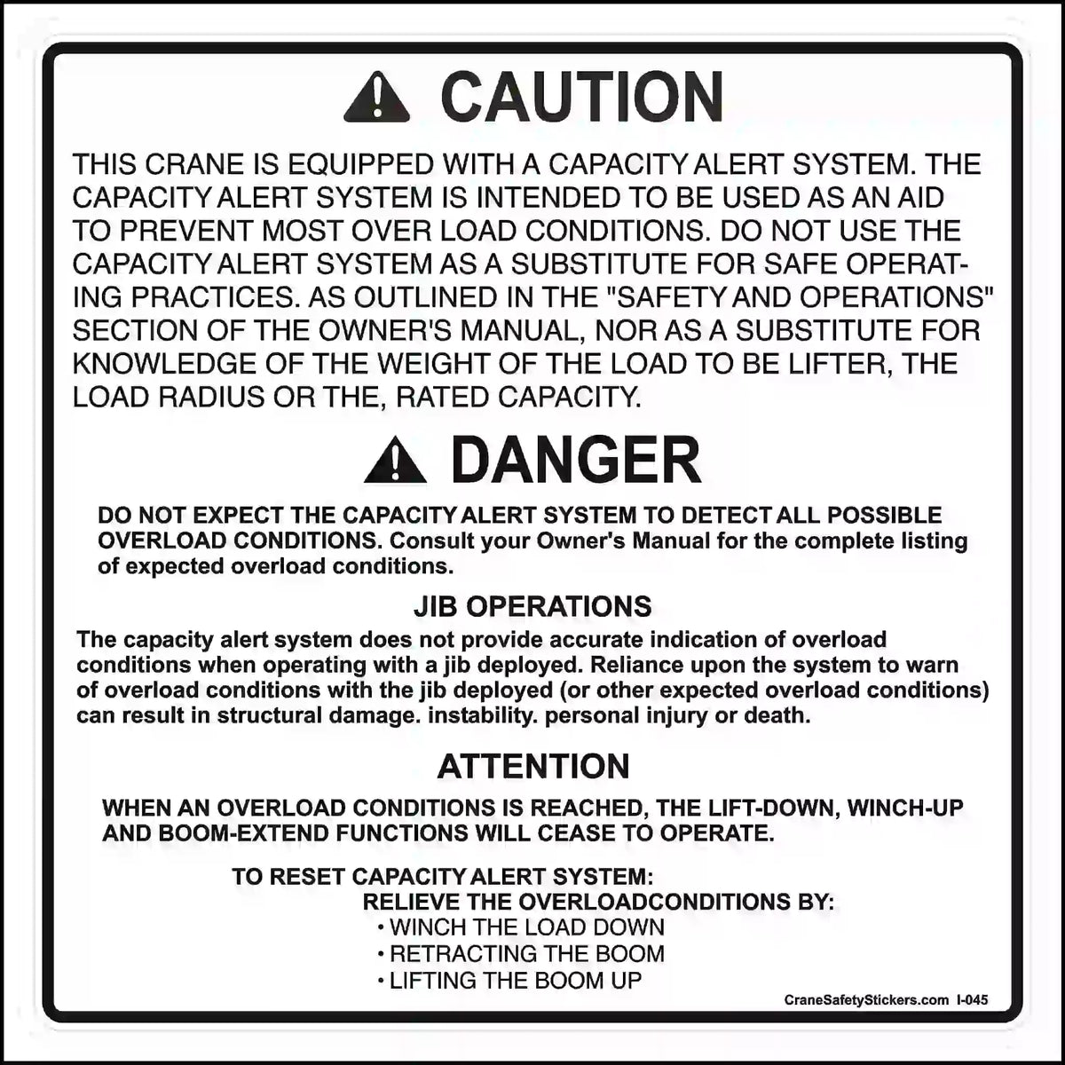 Warning label for crane capacity alert system with text on a white background