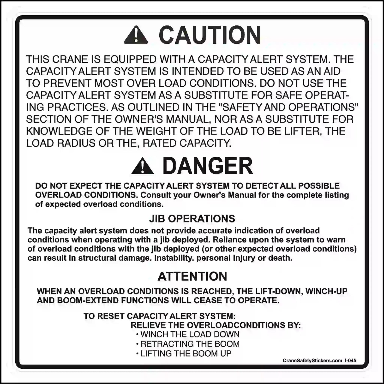 Warning label for crane capacity alert system with text on a white background