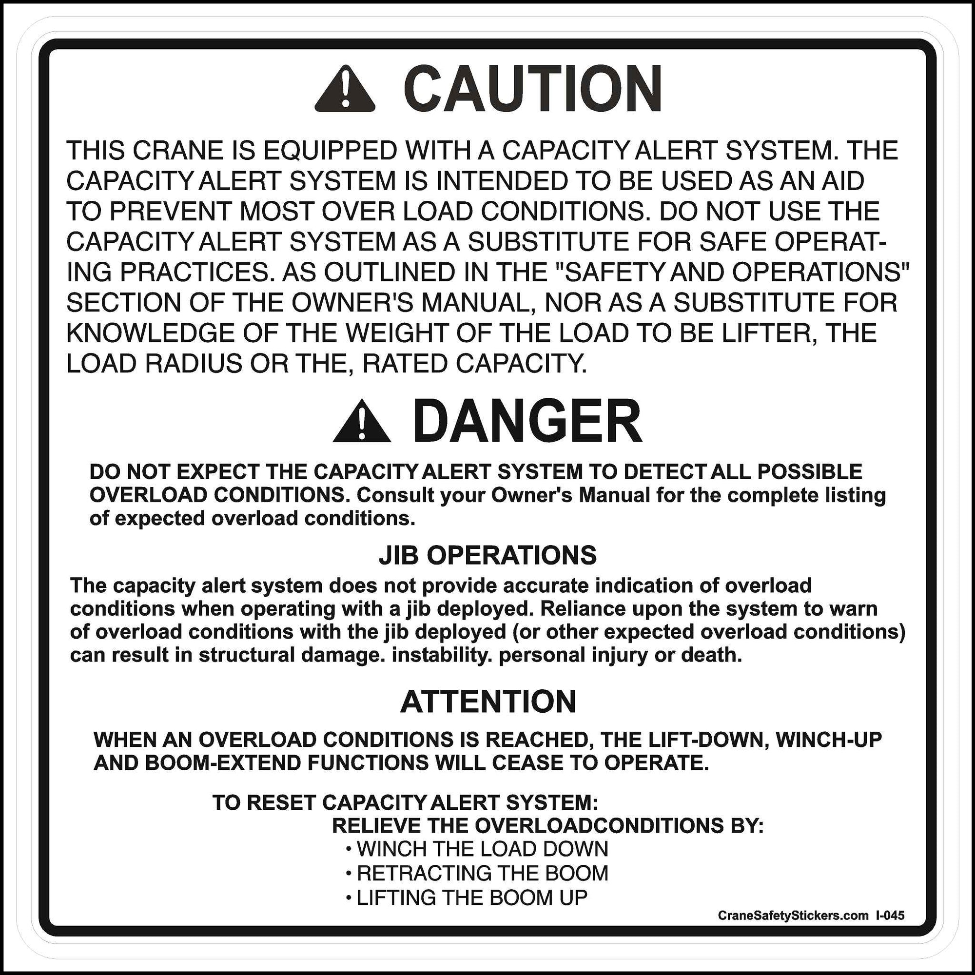 Capacity Alert System Sticker For Cranes printed in black text with a white background.