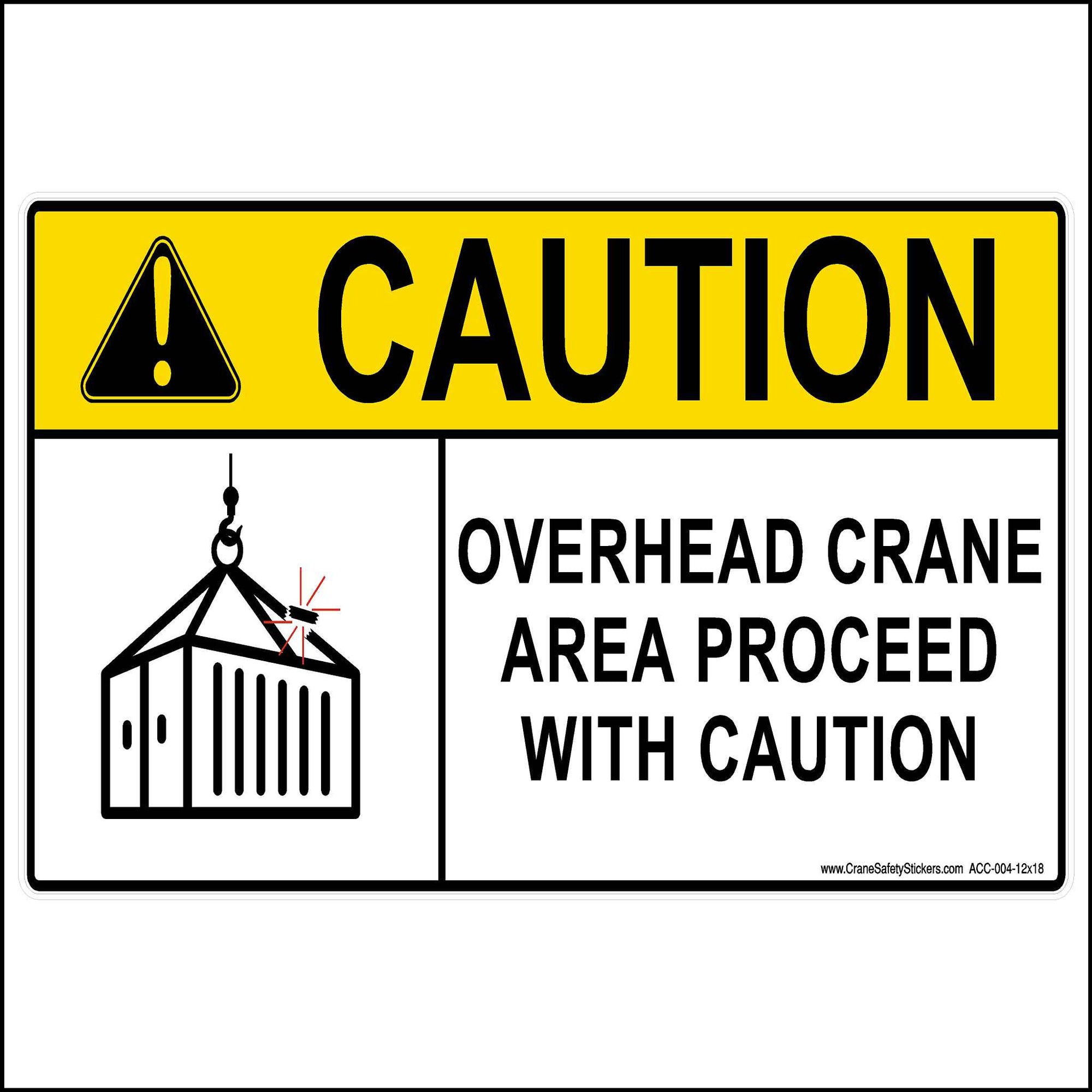 Overhead crane area proceed with caution safety sign.