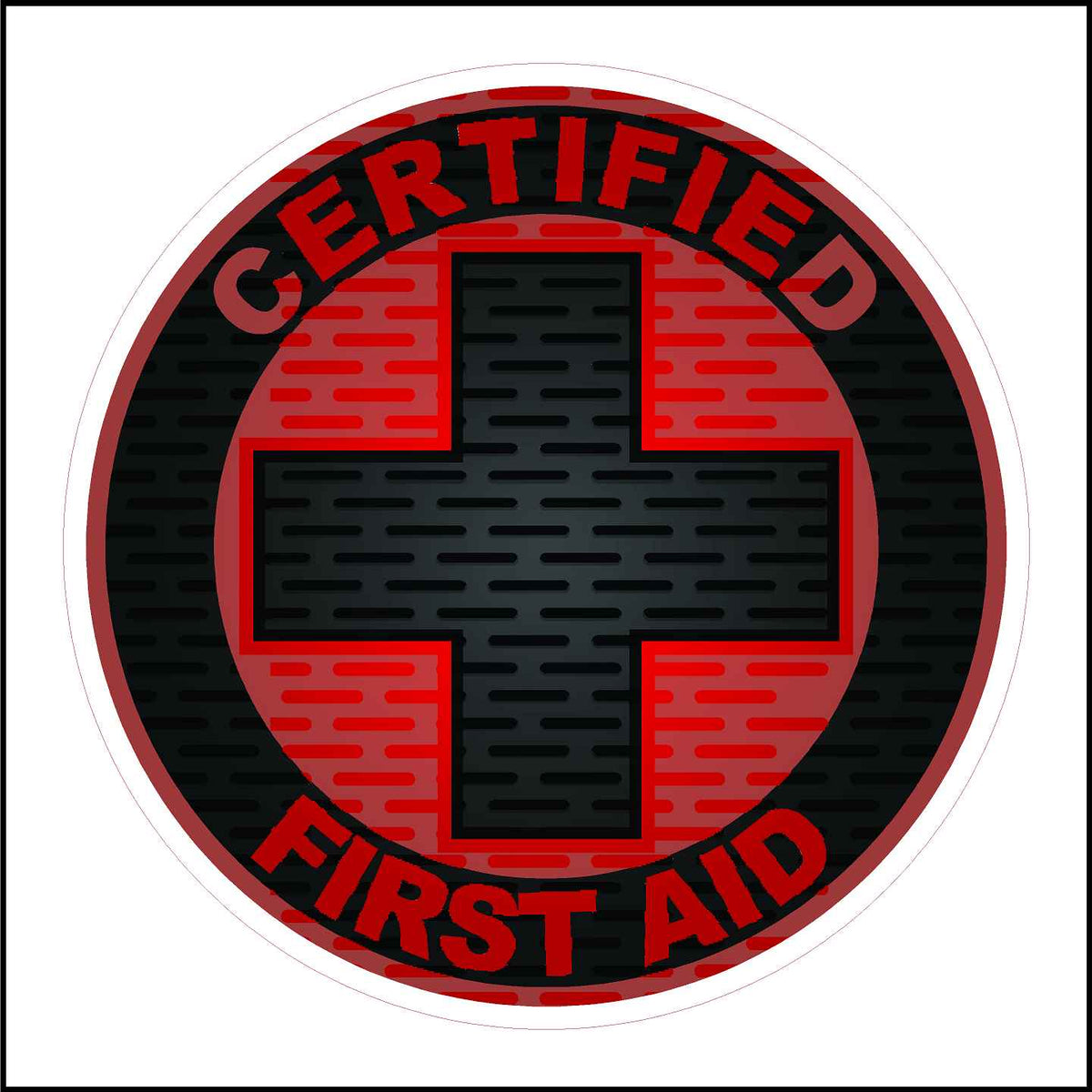 Certified first aid sticker printed in red and black. 2 inch diameter.