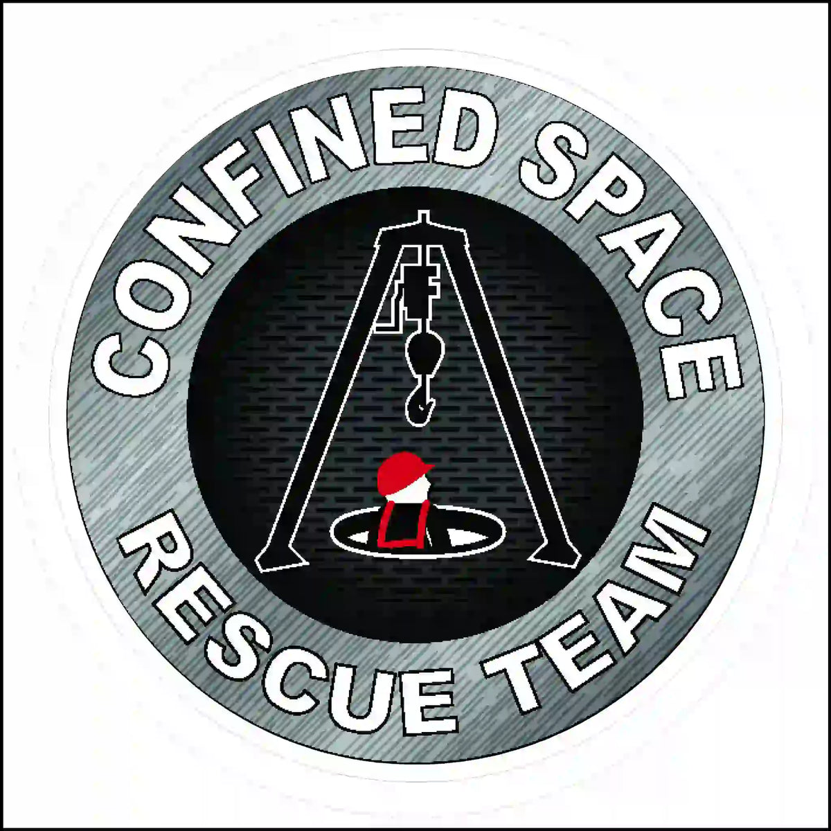 Logo of a Confined Space Rescue Team with a silhouette of a person in a rescue basket.