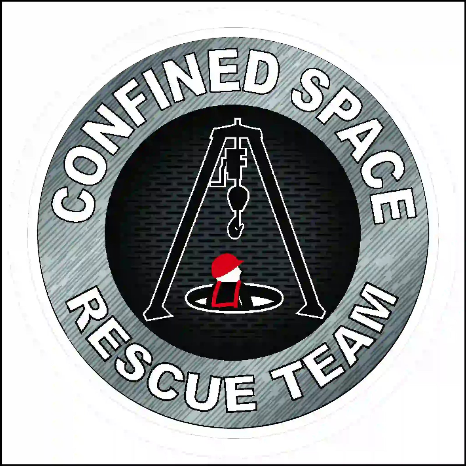 Logo of a Confined Space Rescue Team with a silhouette of a person in a rescue basket.