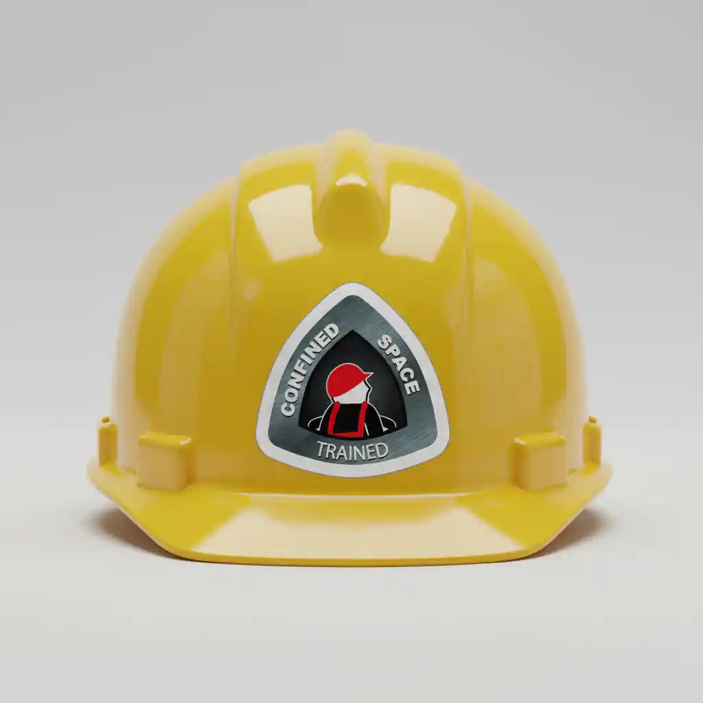 Yellow hard hat with a 'Confined Space Trained' sticker on a light gray background.