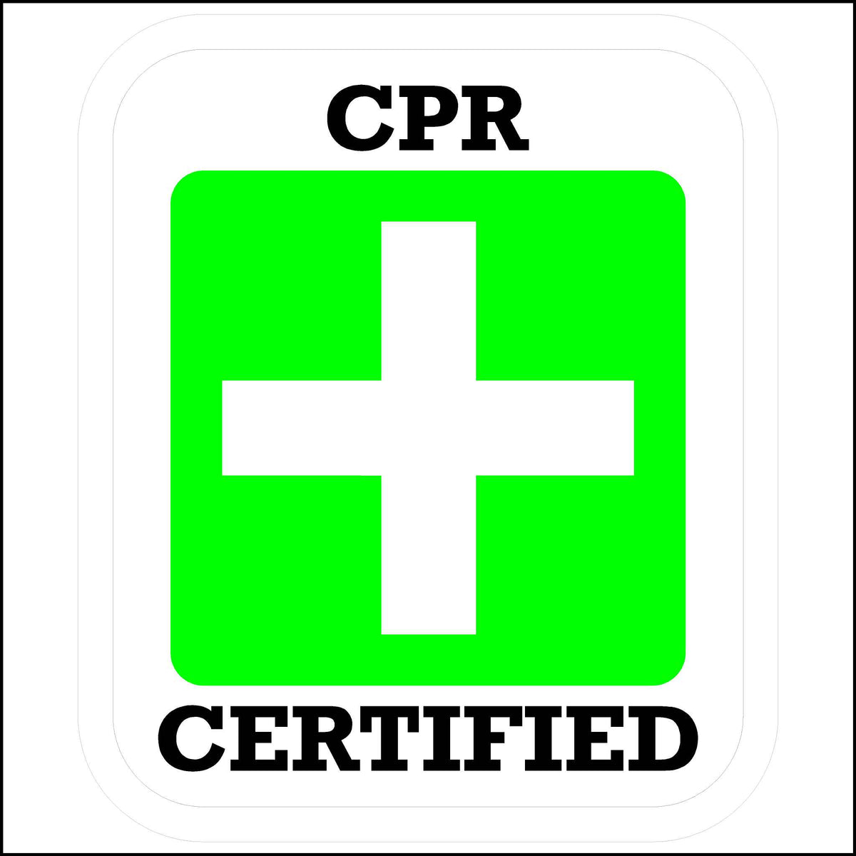 Green and white cross with black lettering reading CPR Certified sticker.