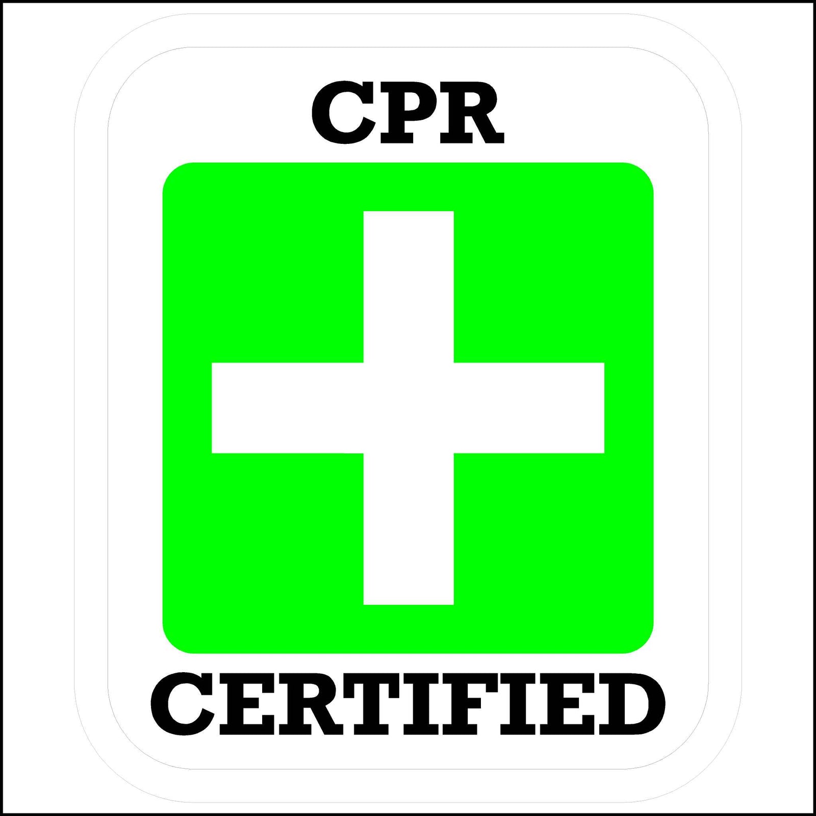 Green and white cross with black lettering reading CPR Certified sticker.