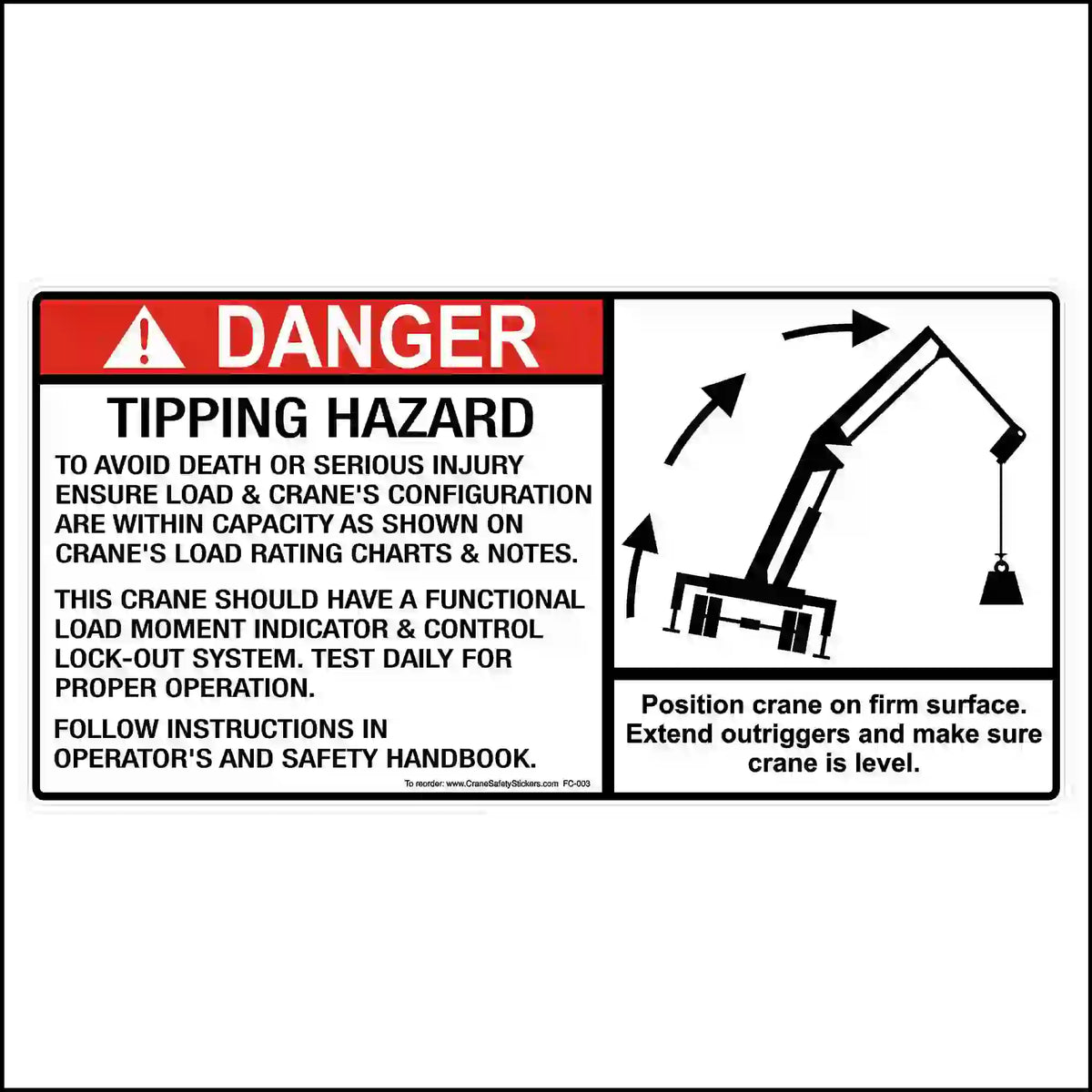 Safety sign warning about tipping hazard with crane illustration on a white background