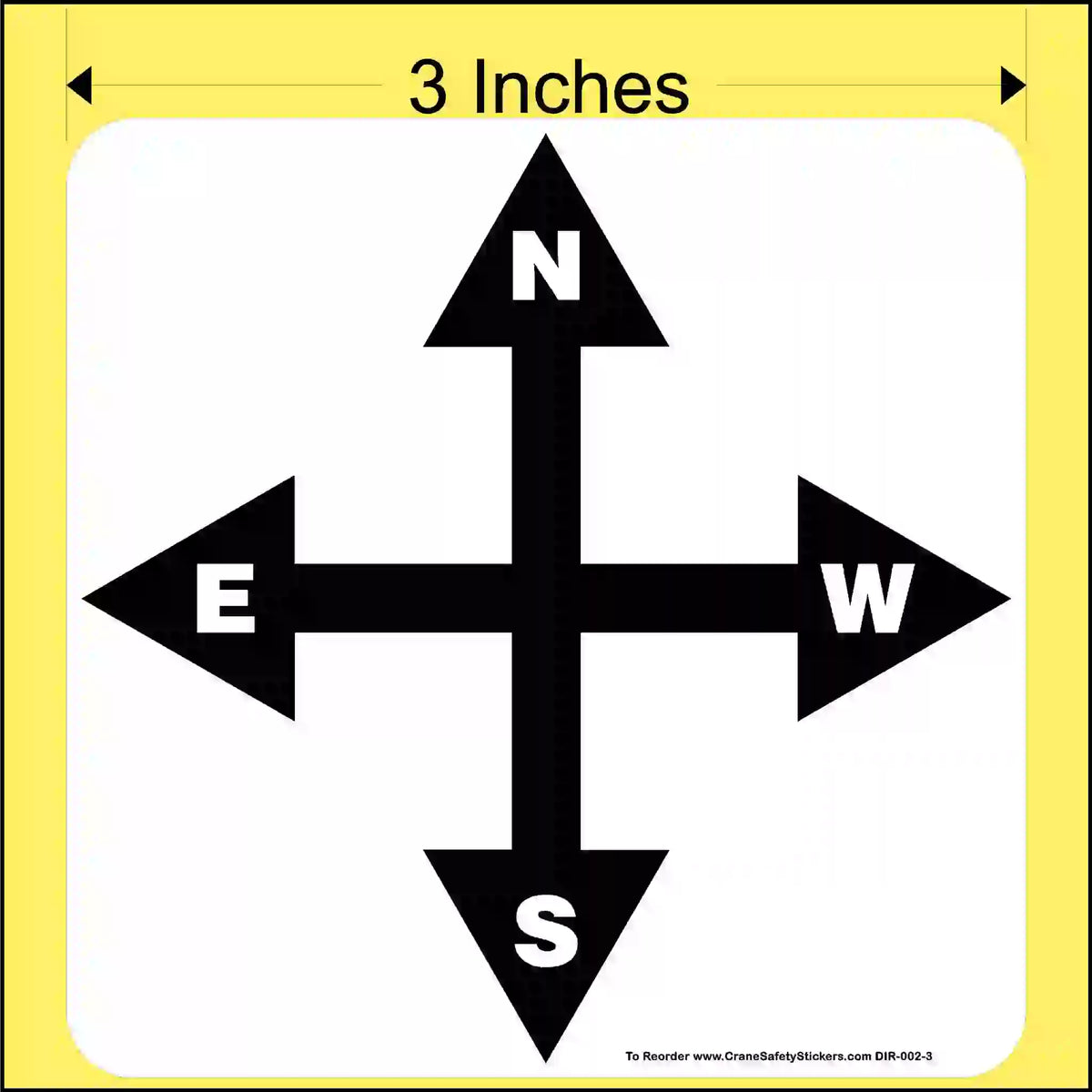 3-inch black compass direction arrows with labeled N, E, W, S on a white background with measurement text.