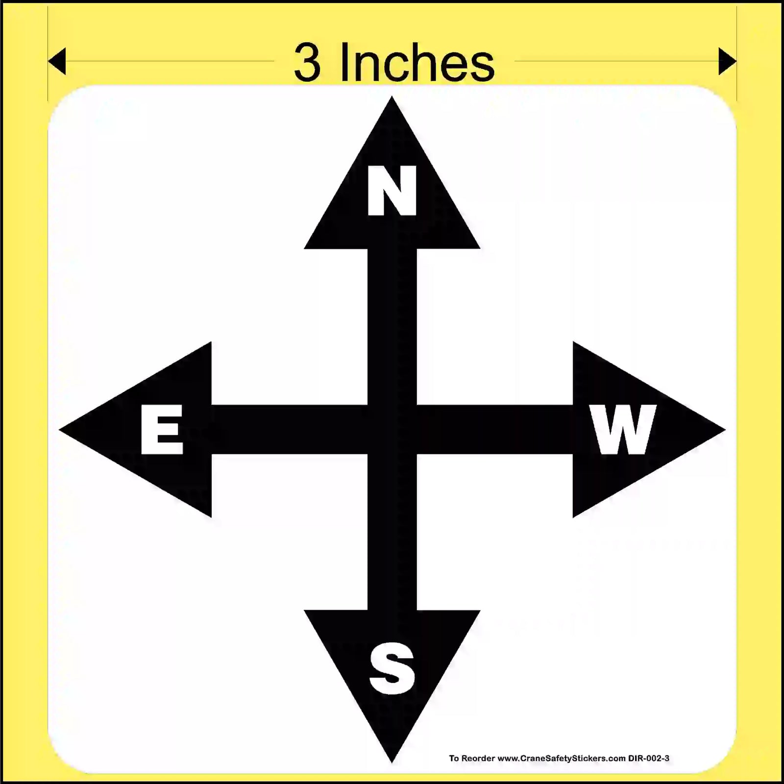 3-inch black compass direction arrows with labeled N, E, W, S on a white background with measurement text.