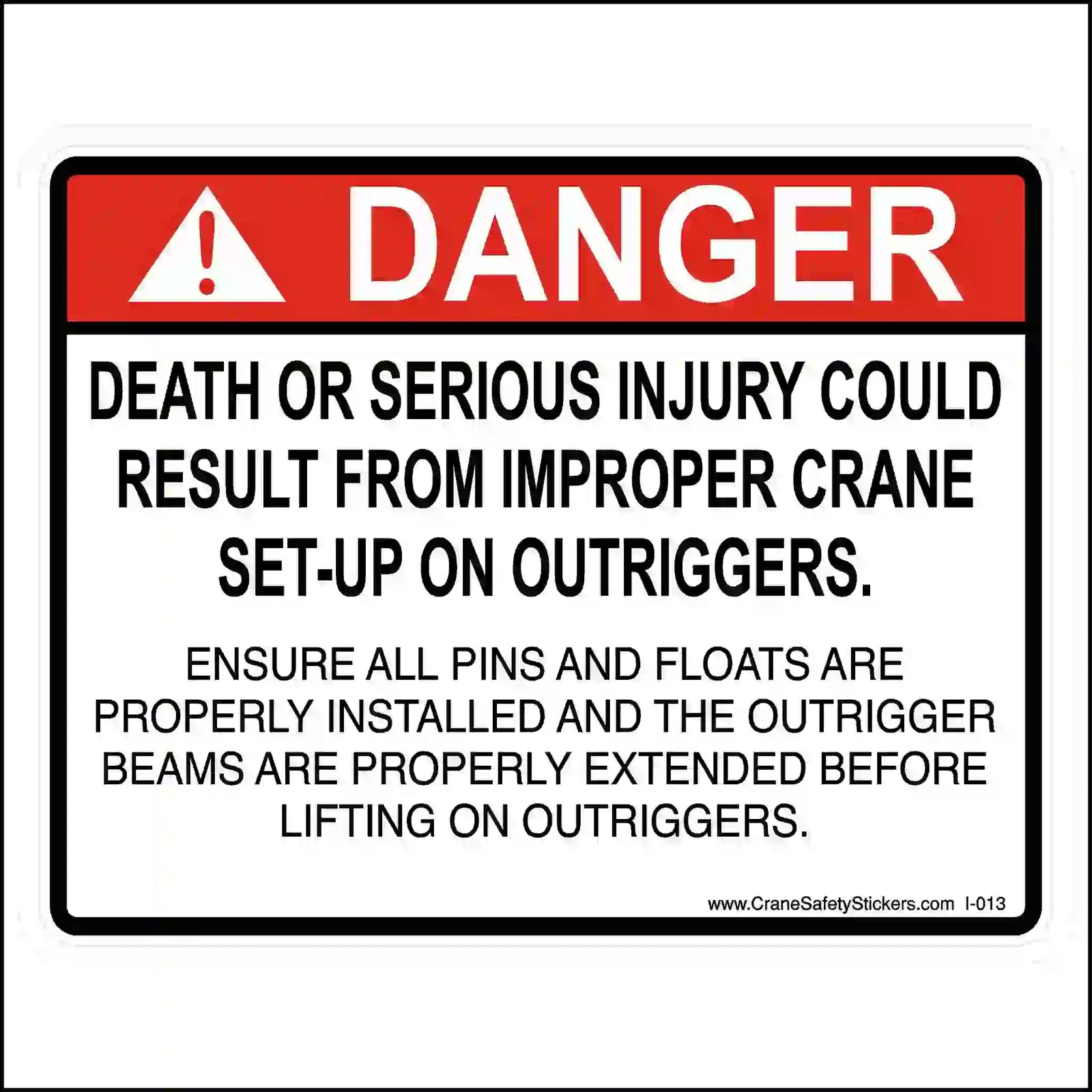 Safety sign warning about crane set-up risks with a red 'DANGER' label.