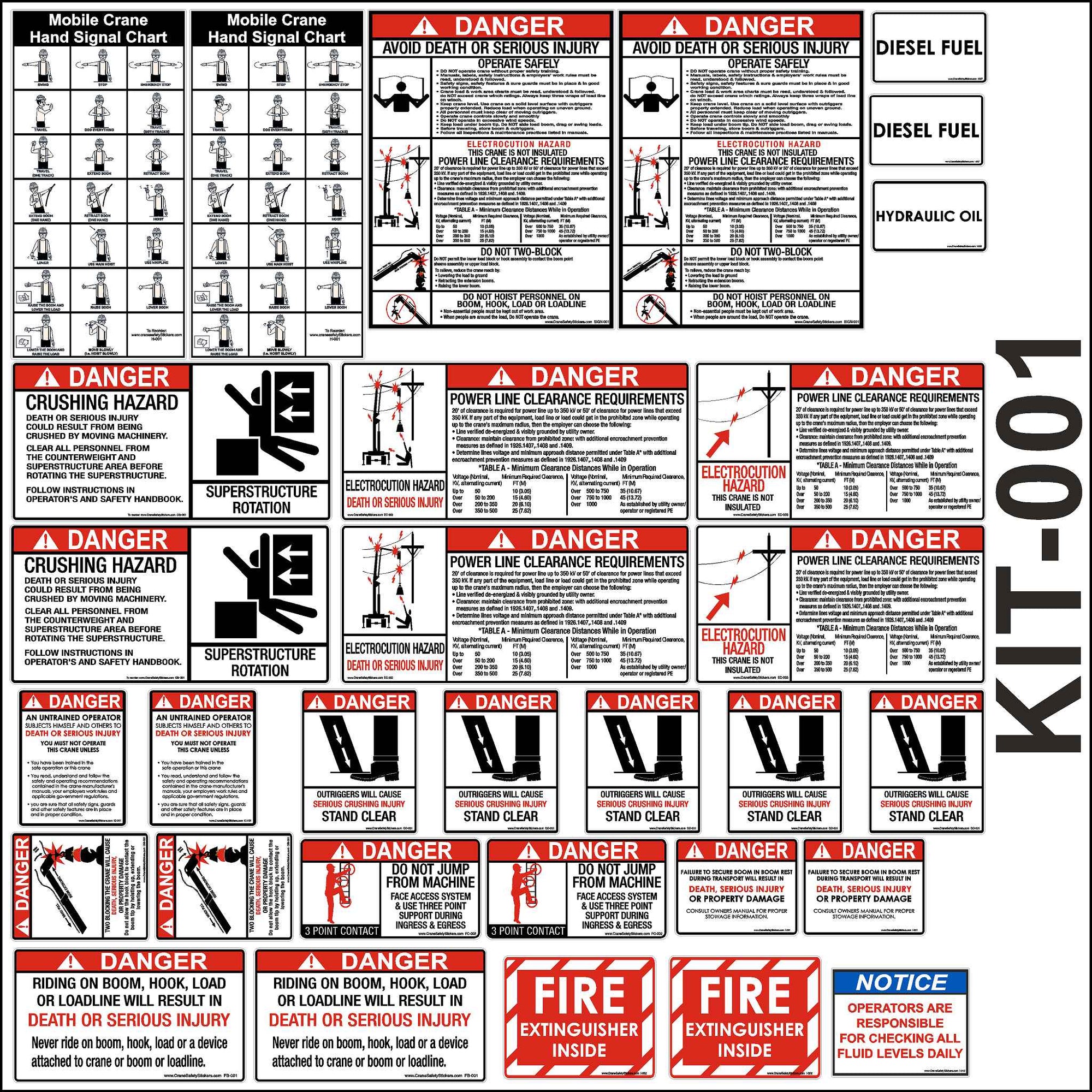 This Crane and Boom Truck Safety Sticker Kit contains all the boom truck safety stickers you need for most cranes to pass certification. Electrical Hazard, Crush Hazard, Fall Hazard, Inspection Decal, Diesel Fuel, Hydraulic Oil, Two Block, Three-Point Egress, Power Line Clarence, Hand Signal Charts, Untrained Operator, and more.